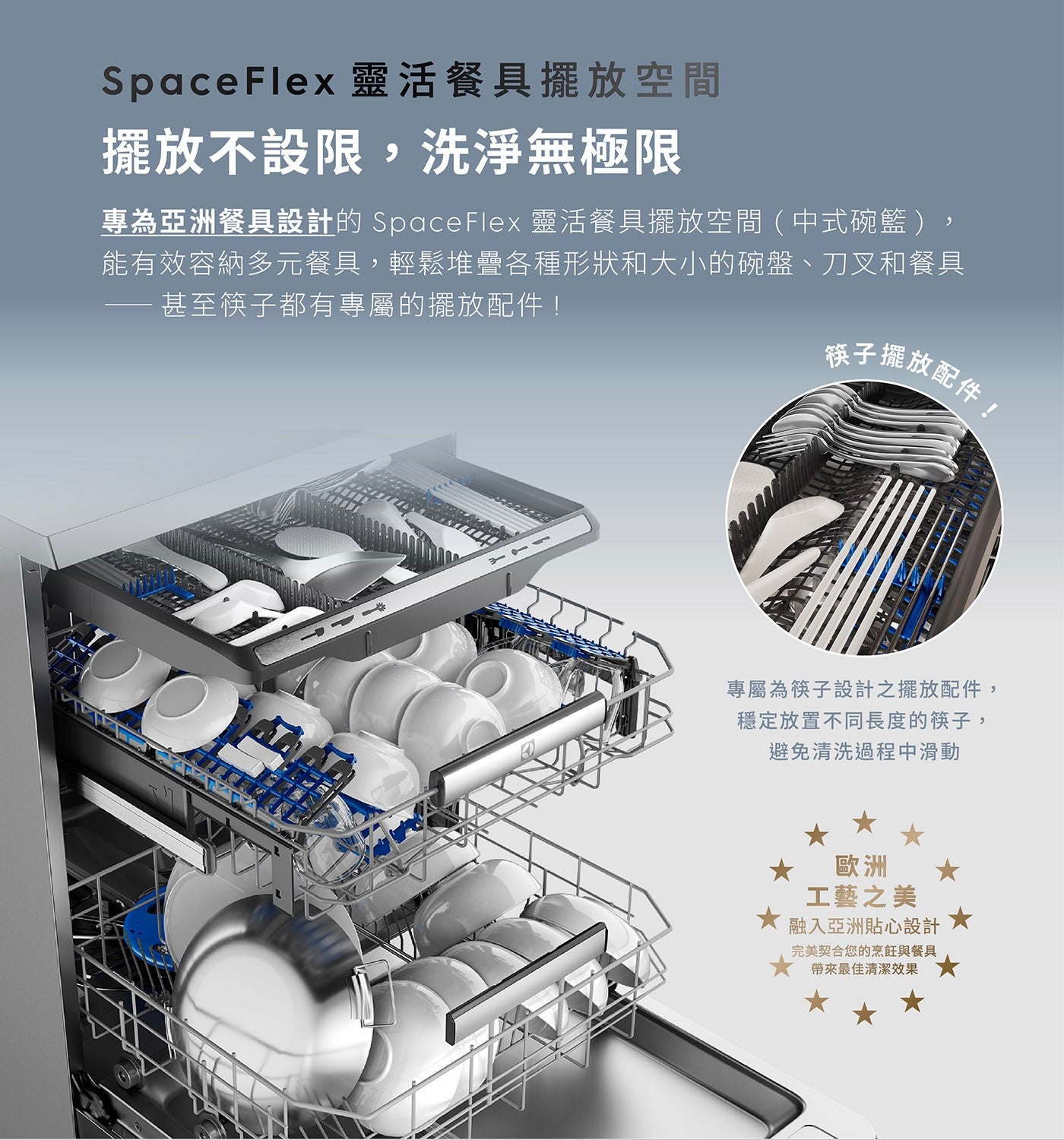 SpaceFlex 靈活餐具擺放空間 擺放不設限,洗淨無極限 專為亞洲餐具設計的 靈活餐具擺放空間中式碗籃 能有效容納多元餐具,輕鬆堆疊各種形狀和大小的碗盤刀叉和餐具 甚至筷子都有專屬的擺放配件!