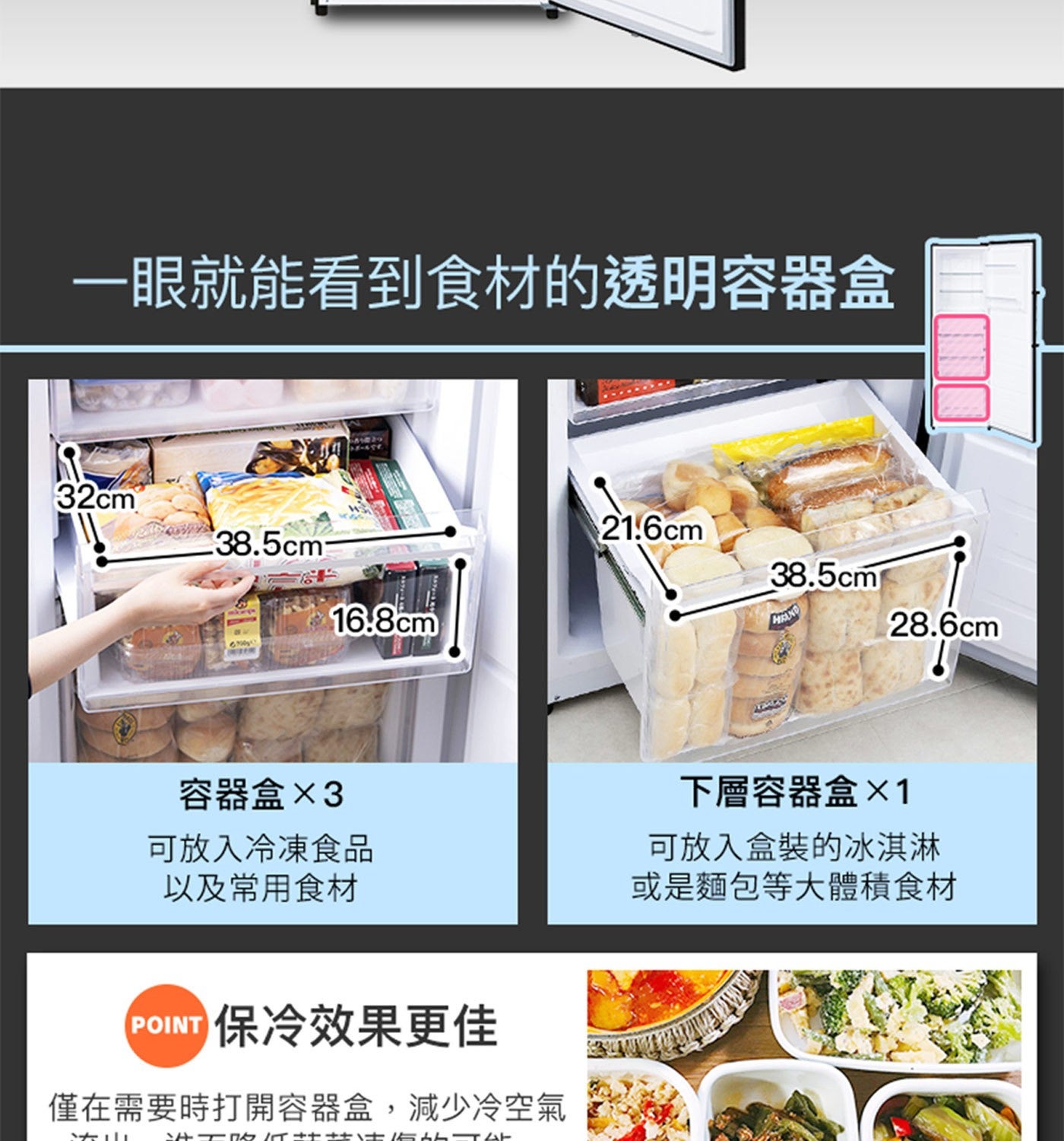 1 眼就能看到食材的透明容器盒 32cm 容器盒 3 可放入冷凍食品 以及常用食材 Column 保冷效果更佳 僅在需要時打開容器盒...