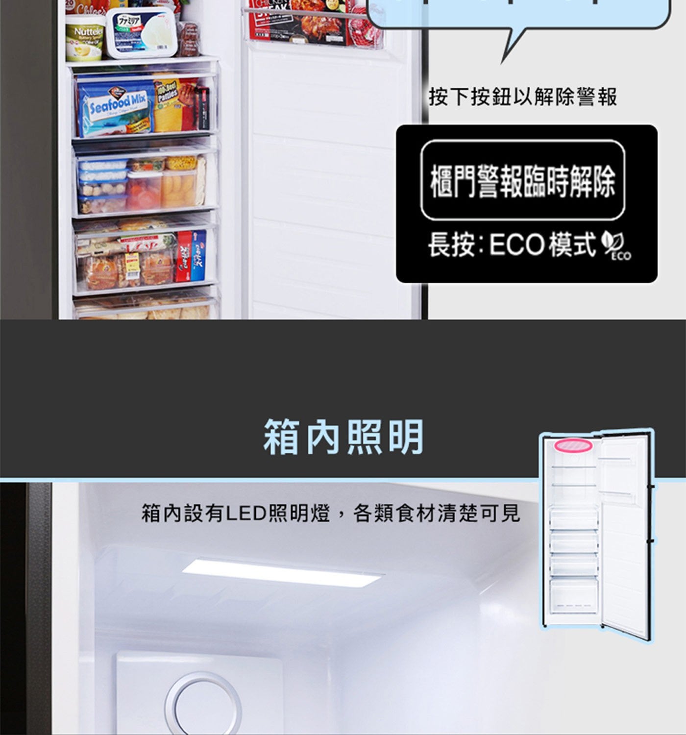 Chloes Nuttele Seafood Mix Pattles 按下按鈕以解除警報 櫃門警報臨時解除 長按 ECO 模式 箱內照明 箱內設有 LED 照明燈,各類食材清楚可見