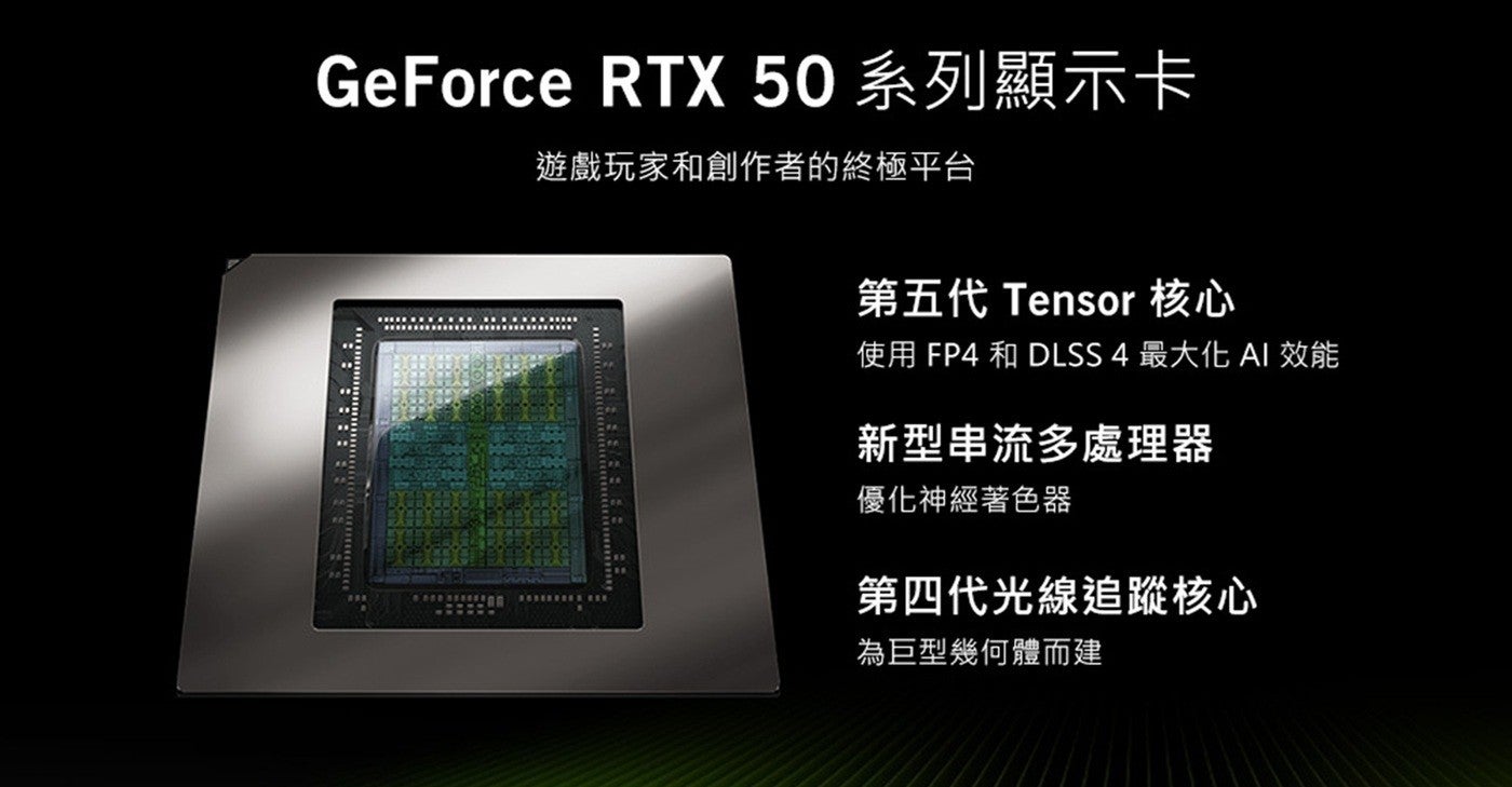 GeForce RT 系列顯示卡遊戲玩家和創作者的終極平台第 5 代 Tensor 核心使用 FP4 和 DLSS 4 最大化 AI 效能新型串流多處理器優化神經著色器第 4 代光線追蹤核心為巨型幾何體而建