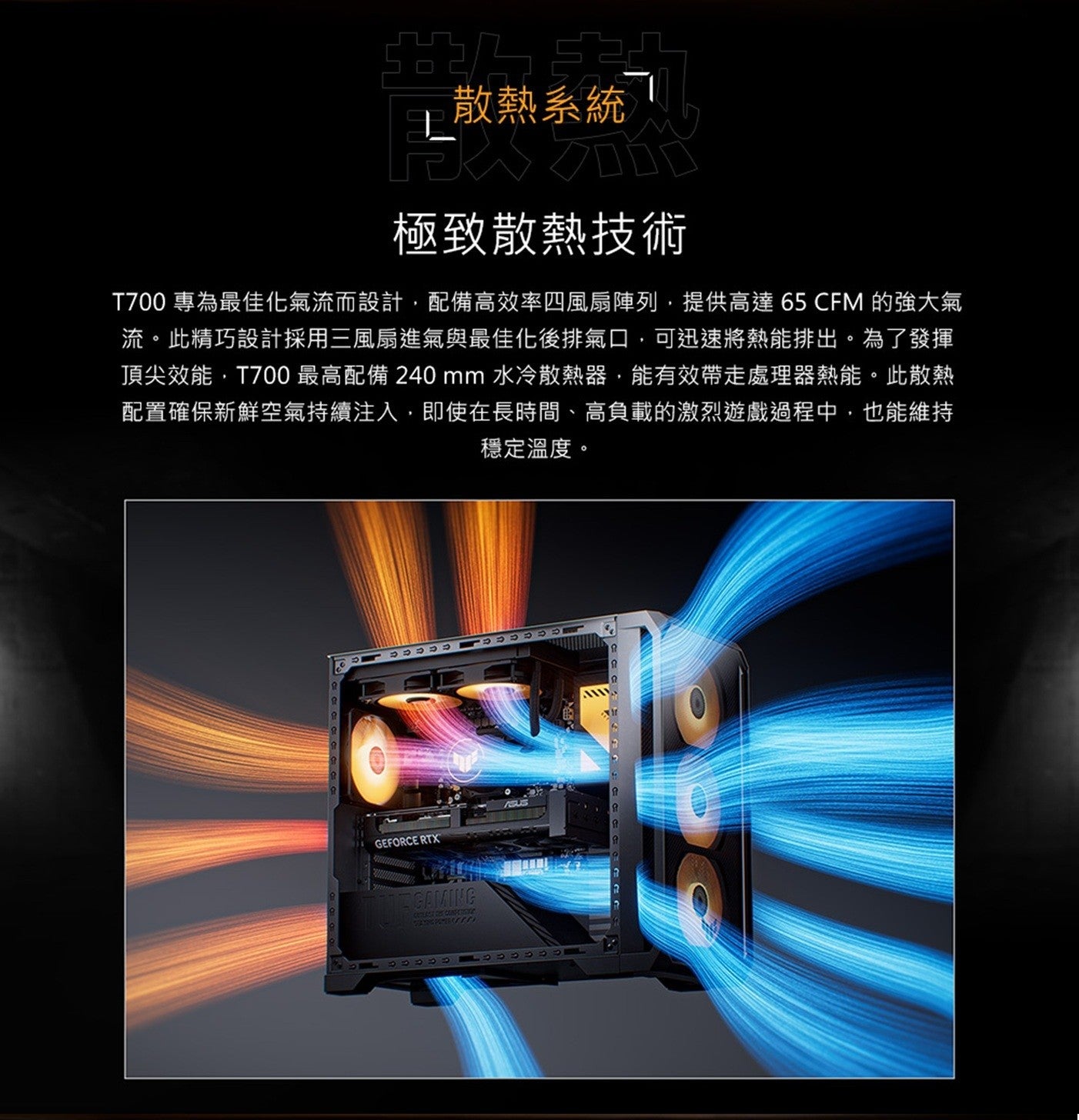 散熱系統極致散熱技術 T700 專為最佳化氣流而設計,配備高效率 4 風扇陣列,提供高達 65 CFM 的強大氣流此精巧設計採用 3 風扇進氣與最佳化後排氣口,可迅速將熱能排出為了發揮頂尖效能,T700 最高配備 240 mm 水冷散熱器...