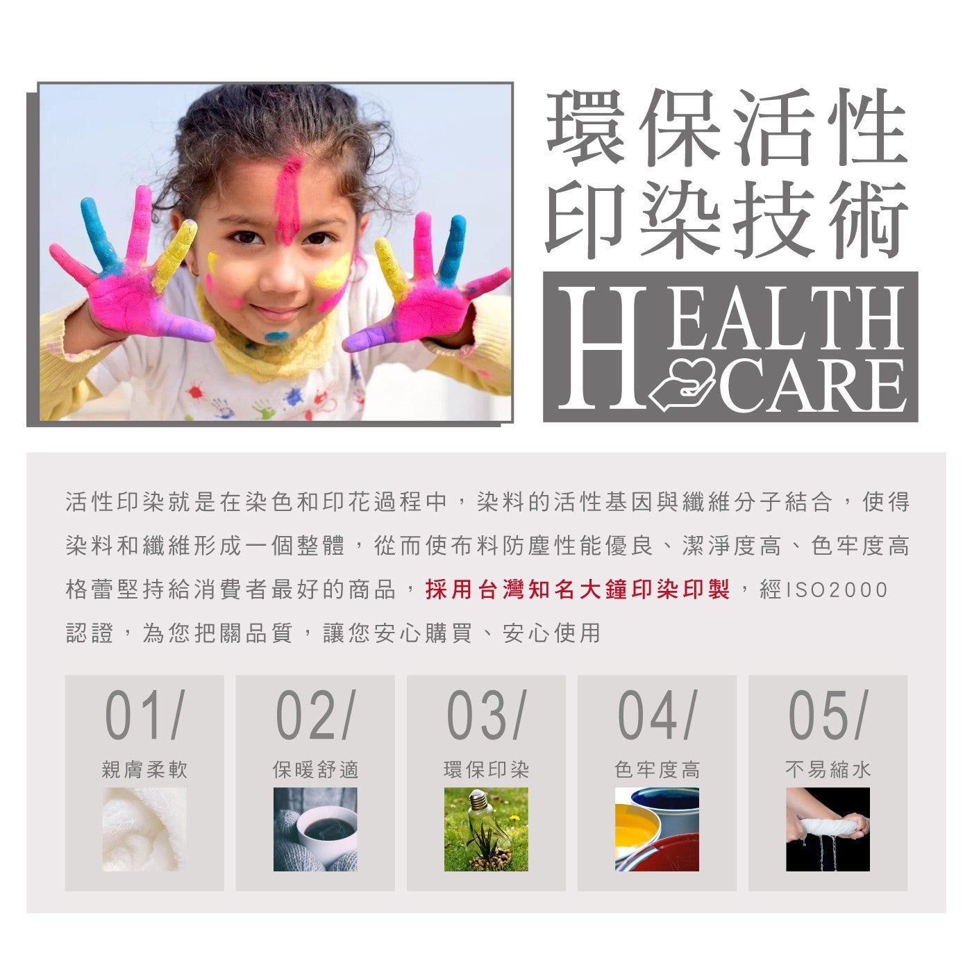 環保活性 印染技術 HCARE 活性印染就是在染色和印花過程中,染料的活性基因與纖維分子結合,使得 染料和纖維形成 x1 個整體,從而使布料防塵性能優良潔淨度高色牢度高 格蕾堅持給消費者最好的商品...