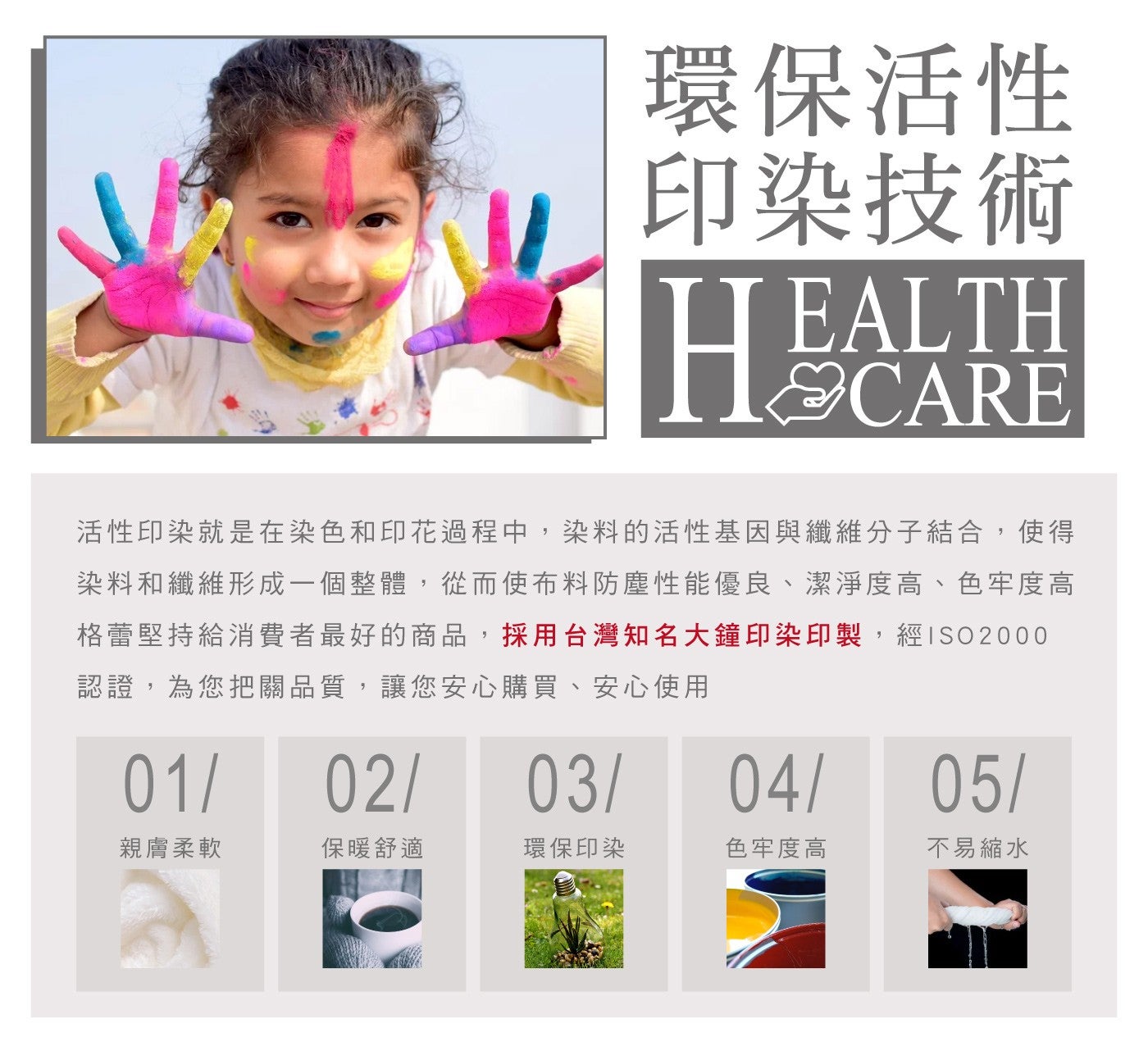 環保活性 印染技術 HEALTH CARE 活性印染就是在染色和印花過程中,染料的活性基因與纖維分子結合,使得 染料和纖維形成 x1 個整體,從而使布料防塵性能優良潔淨度高...