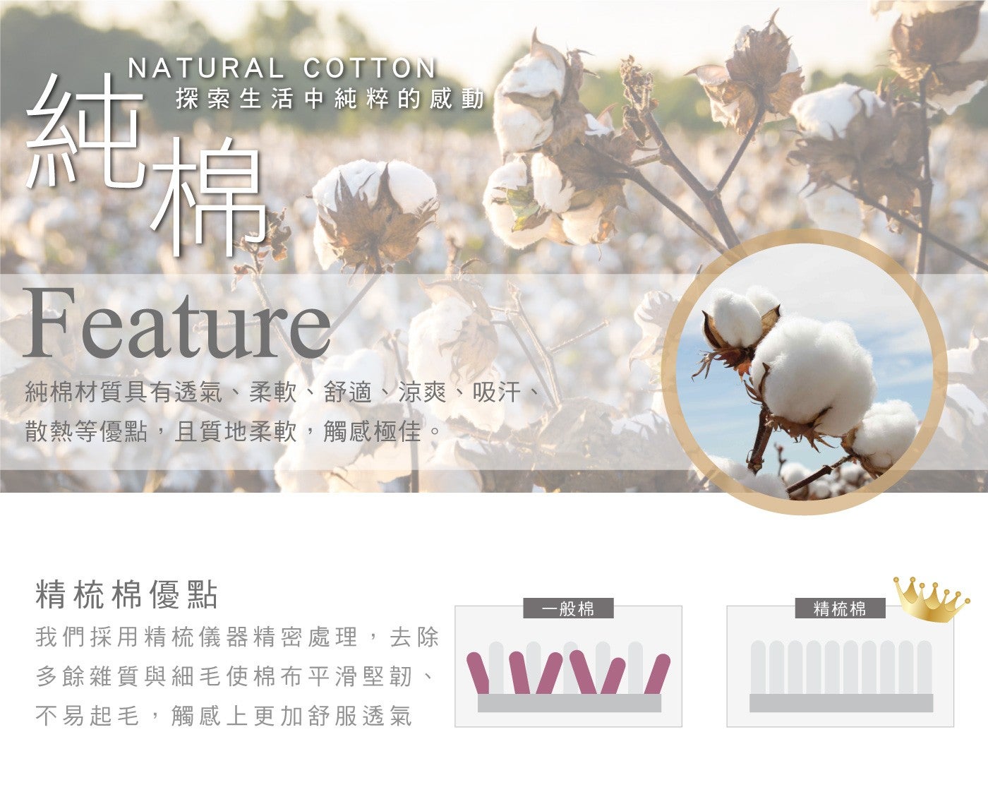 純 NATURAL COTTON 探索生活中純粹的感動 棉 Feature 純棉材質具有透氣柔軟舒適涼爽吸汗 散熱等優點,且質地柔軟,觸感極佳