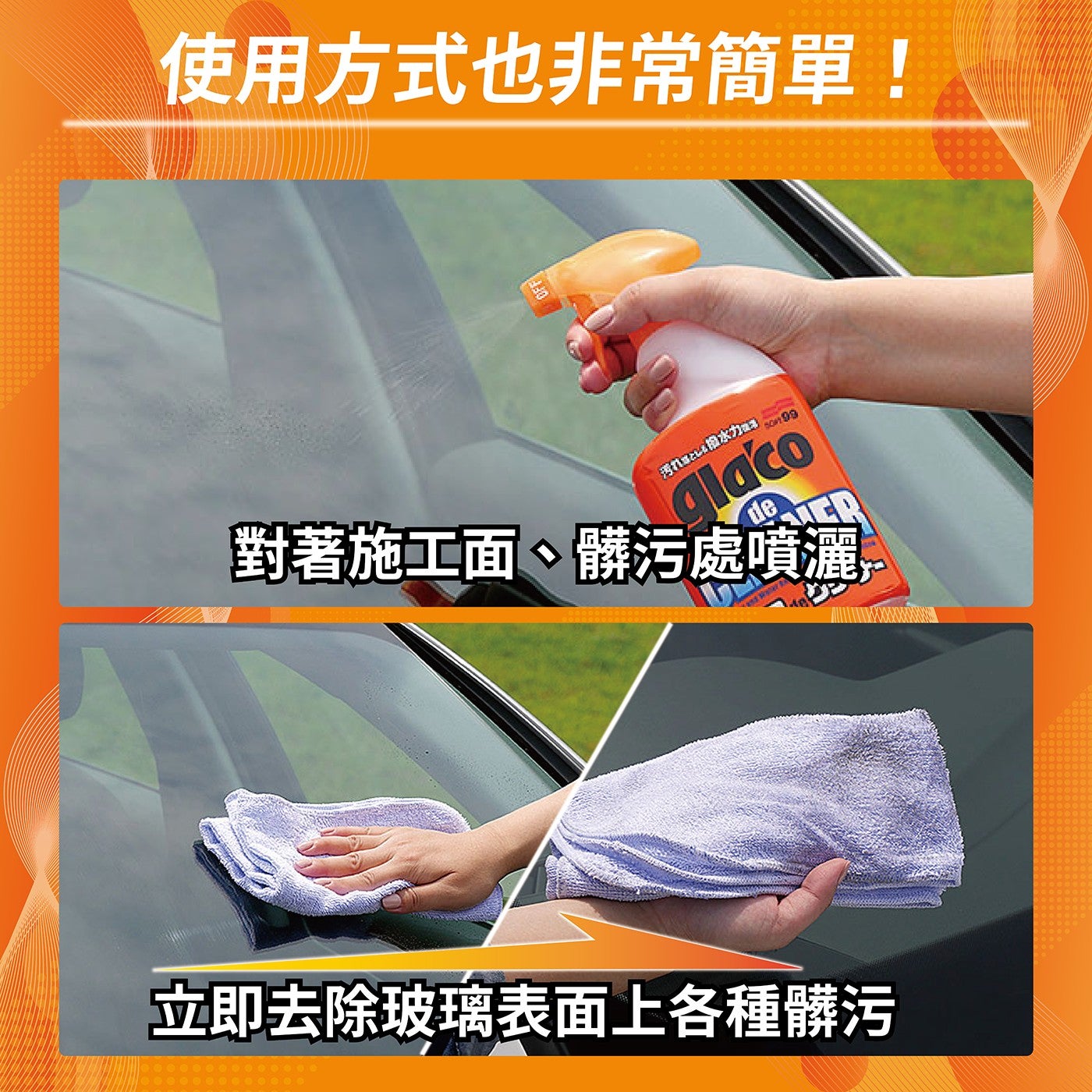 使用方式也非常簡單! 汚れと撥水力 glaco 對著施工面、髒污處噴灑 de 立即去除玻璃表面上各種髒污