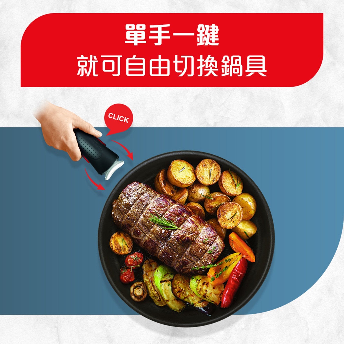 單手 1 鍵 就可自由切換鍋具 CLICK
