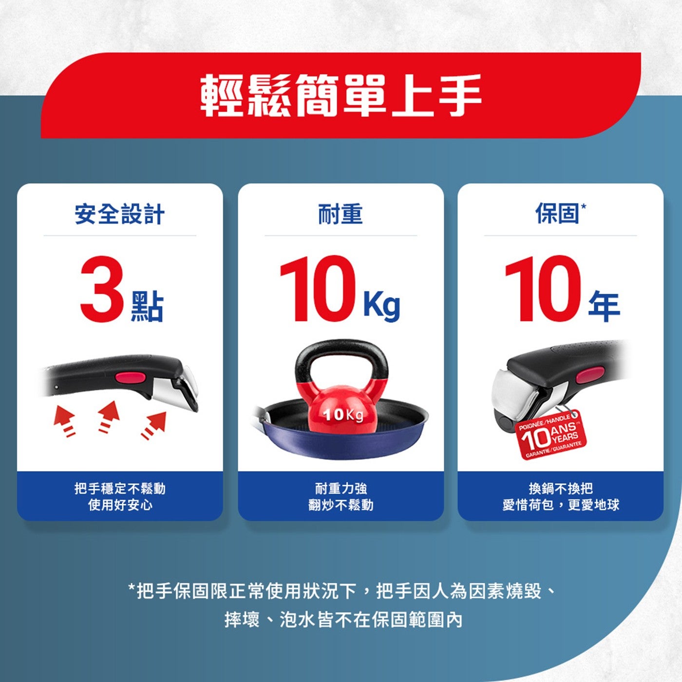 輕鬆簡單上手 安全設計 耐重 wk 點 kg Kg 保固 10 年 10Kg 把手穩定不鬆動 耐重力強 使用好安心 翻炒不鬆動 換鍋不換把 愛惜荷包...