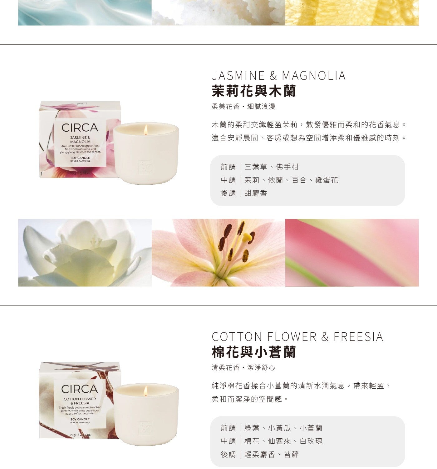 JASMINE MAGNOLIA 茉莉花與木蘭 柔美花香,細膩浪漫 木蘭的柔甜交織輕盈茉莉,散發優雅而柔和的花香氣息 適合安靜展間客房或想為空間增添柔和優雅感的時刻 前調3 葉草佛手柑 中調茉莉依蘭百合雞蛋花 後調甜麝香