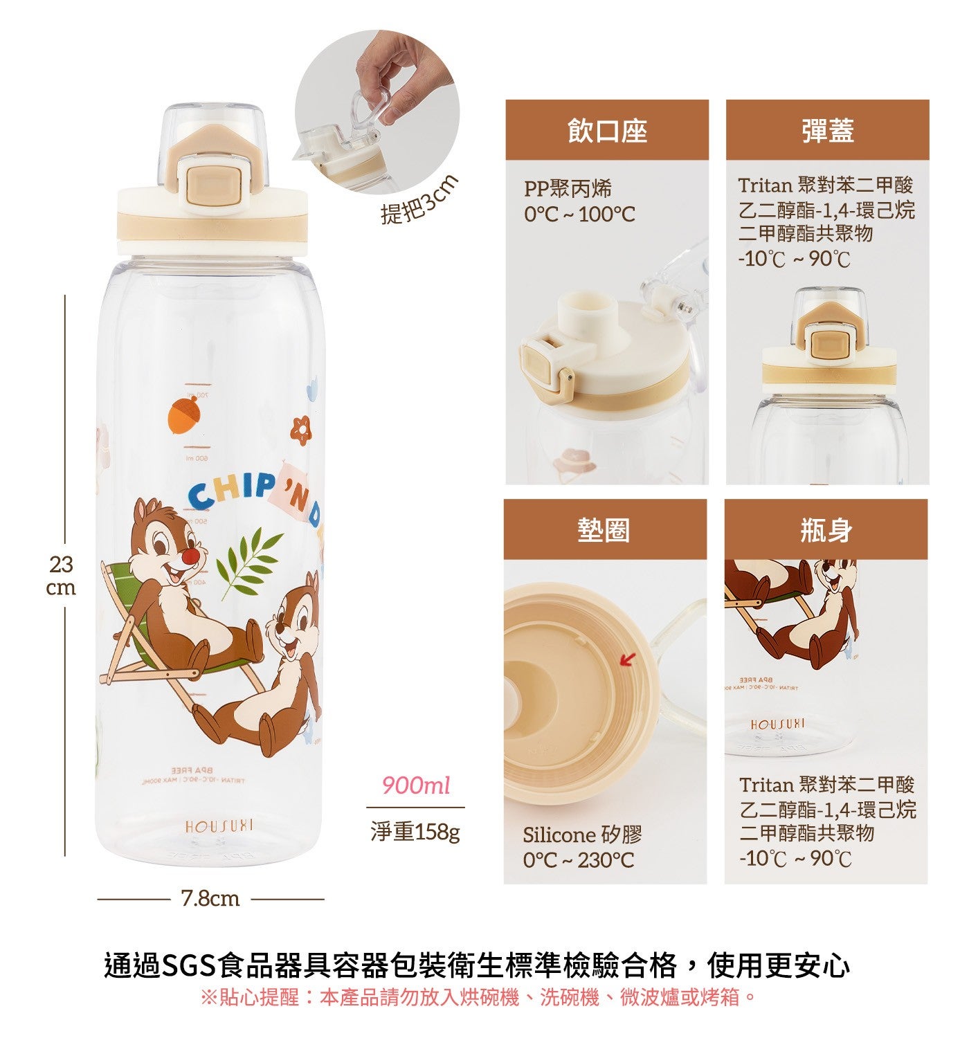 提把 3cm 飲口座 PP 聚丙烯彈蓋 Tritan 聚對苯 2 甲酸乙 2 醇酯-1,4-環己烷 2 甲醇酯共聚物墊圈瓶身淨重 158g Silicone 矽膠 Tritan 聚對苯 2 甲酸乙 2 醇酯-1...