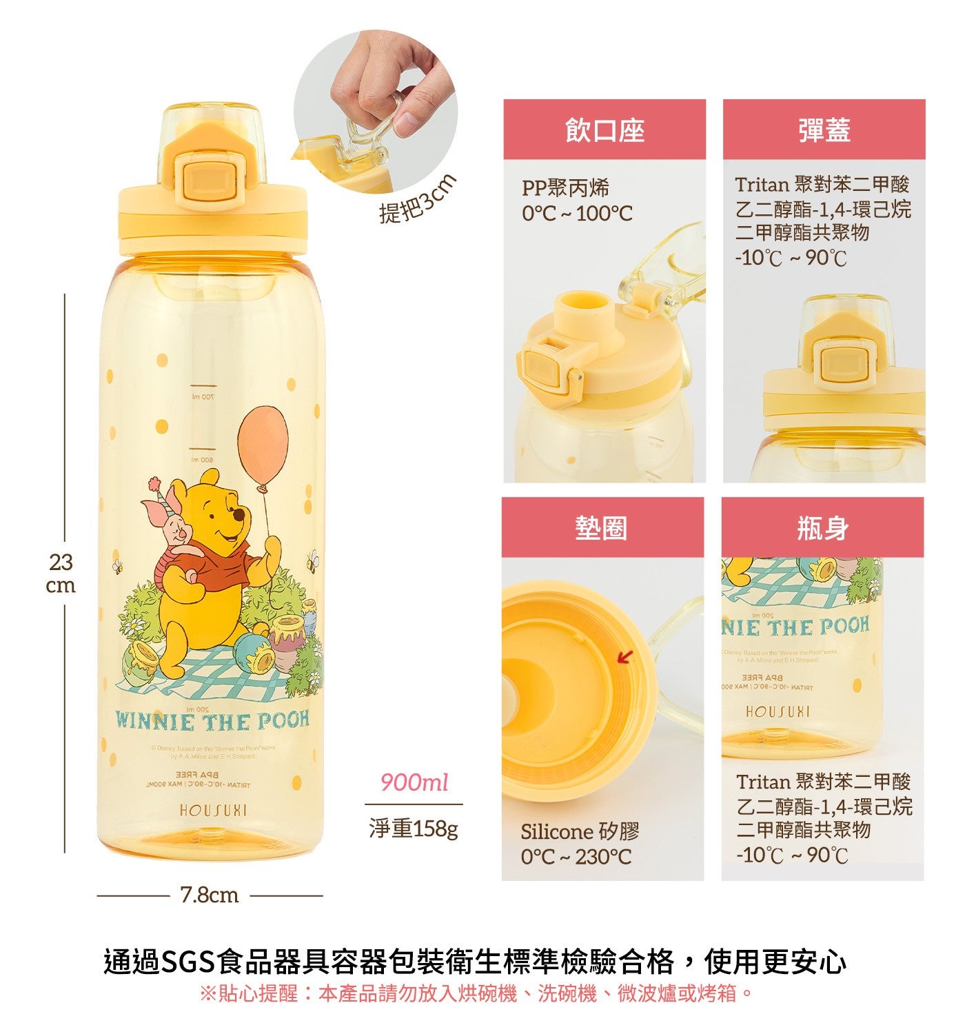 飲口座提把 3cm PP 聚丙烯彈蓋 Tritan 聚對苯 2 甲酸乙 2 醇酯-1,4-環己烷 2 甲醇酯共聚物墊圈淨重 158g Silicone 矽膠瓶身 Tritan 聚對苯 2 甲酸乙 2 醇酯-1...