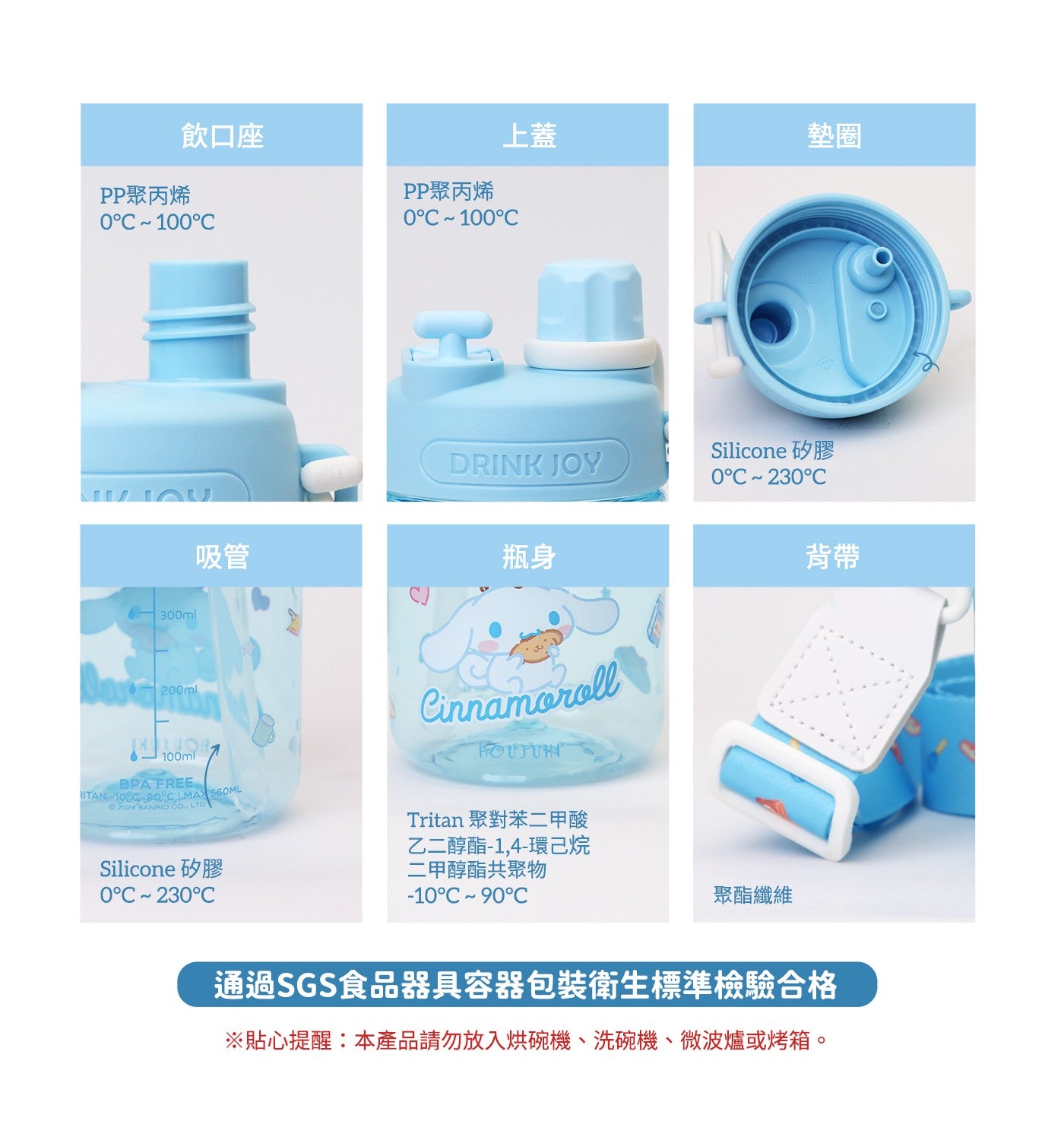 飲口座 PP 聚丙烯 PP 聚丙烯上蓋墊圈吸管瓶身 Silicone 矽膠背帶 Silicone 矽膠 Tritan 聚對苯 2 甲酸乙 2 醇酯-1,4-環己烷 2 甲醇酯共聚物聚酯纖維通過 SGS 食品器具容器包裝衛生標準檢驗合格 貼心提醒:本產品請勿放入烘碗機...