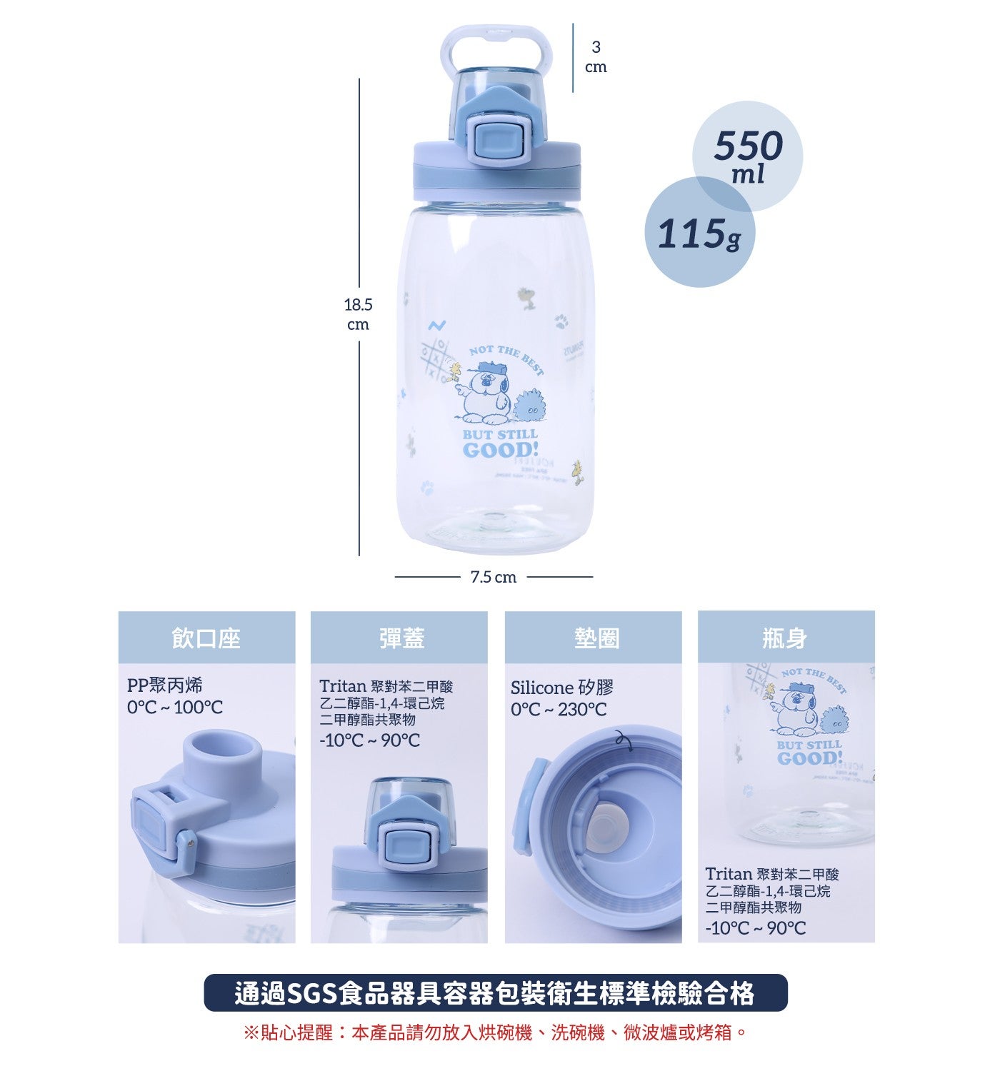 飲口座 PP 聚丙烯彈蓋 Tritan 聚對苯 2 甲酸乙 2 醇酯-1,4-環己烷 2 甲醇酯共聚物墊圈 Silicone 矽膠瓶身 Tritan 聚對苯 2 甲酸乙 2 醇酯-1...