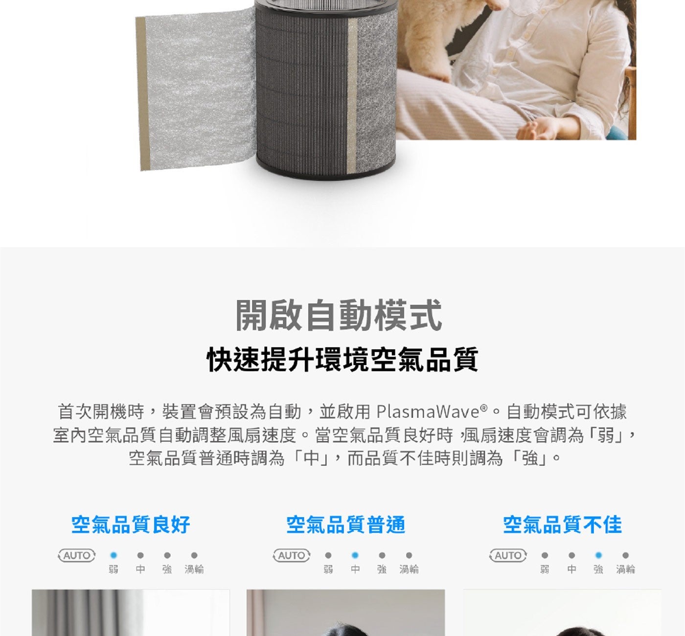 開啟自動模式快速提升環境空氣品質首次開機時,裝置會預設為自動,並啟用 PlasmaWave® 自動模式可依據室內空氣品質自動調整風扇速度當空氣品質良好時,風扇速度會調為「弱」, 空氣品質普通時調為「中」...
