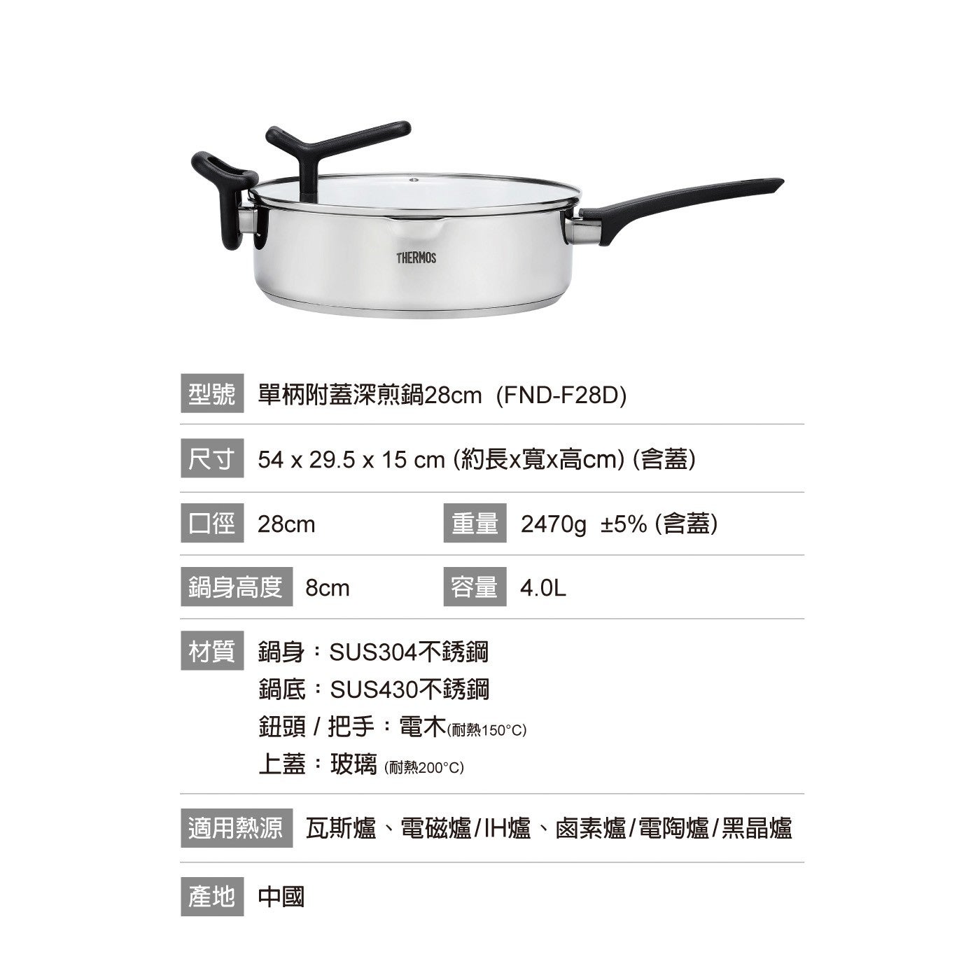型號單柄附蓋深煎鍋 28cm FND-F28D 尺寸 54 .5 cm 約長 x 寬 x 高 cm 含蓋口徑 28cm 鍋身高度 8cm 重量 2470g 5 含蓋容量 4.