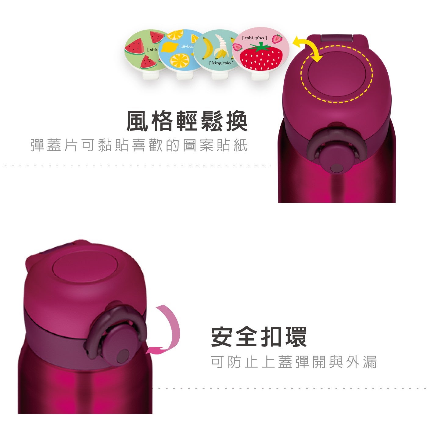 風格輕鬆換彈蓋片可黏貼喜歡的圖案貼紙安全扣環可防止上蓋彈開與外漏