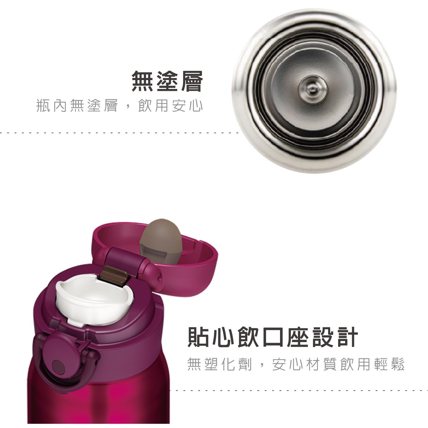 無塗層瓶內無塗層,飲用安心貼心飲口座設計無塑化劑,安心材質飲用輕鬆