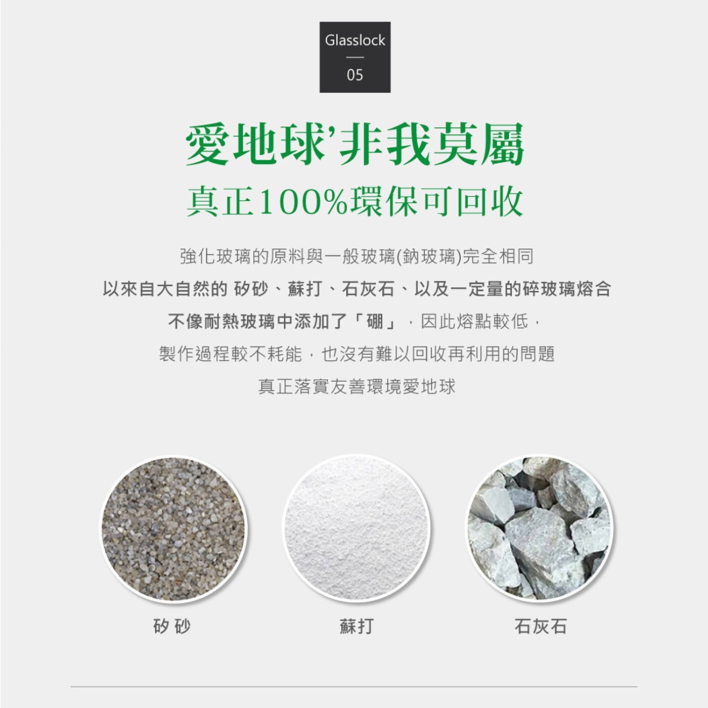 愛地球非我莫屬真正 100 環保可回收強化玻璃的原料與 1 般玻璃鈉玻璃完全相同以來自大自然的矽砂蘇打石灰石以及 1 定量的碎玻璃熔合不像耐熱玻璃中添加了硼,因此熔點較低, 製作過程較不耗能...