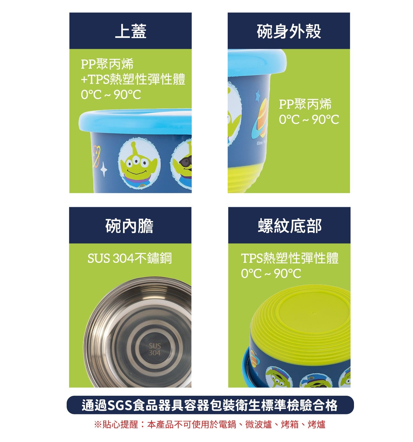 上蓋 PP聚丙烯 TPS熱塑性彈性體碗身外殼 PP聚丙烯碗內膽 SU不鏽鋼螺紋底部 TPS熱塑性彈性體通過SGS食品器具容器包裝衛生標準檢驗合格 ※貼心提醒:本產品不可使用於電鍋、微波爐、烤箱、烤爐