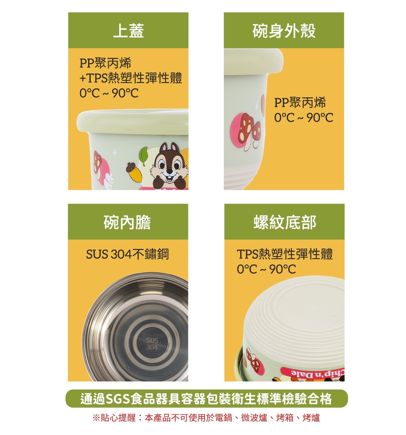 上蓋 PP聚丙烯 TPS熱塑性彈性體碗身外殼 PP聚丙烯碗內膽 SU不鏽鋼螺紋底部 TPS熱塑性彈性體 0°C~90°C 通過SGS食品器具容器包裝衛生標準檢驗合格 ※貼心提醒:本產品不可使用於電鍋...