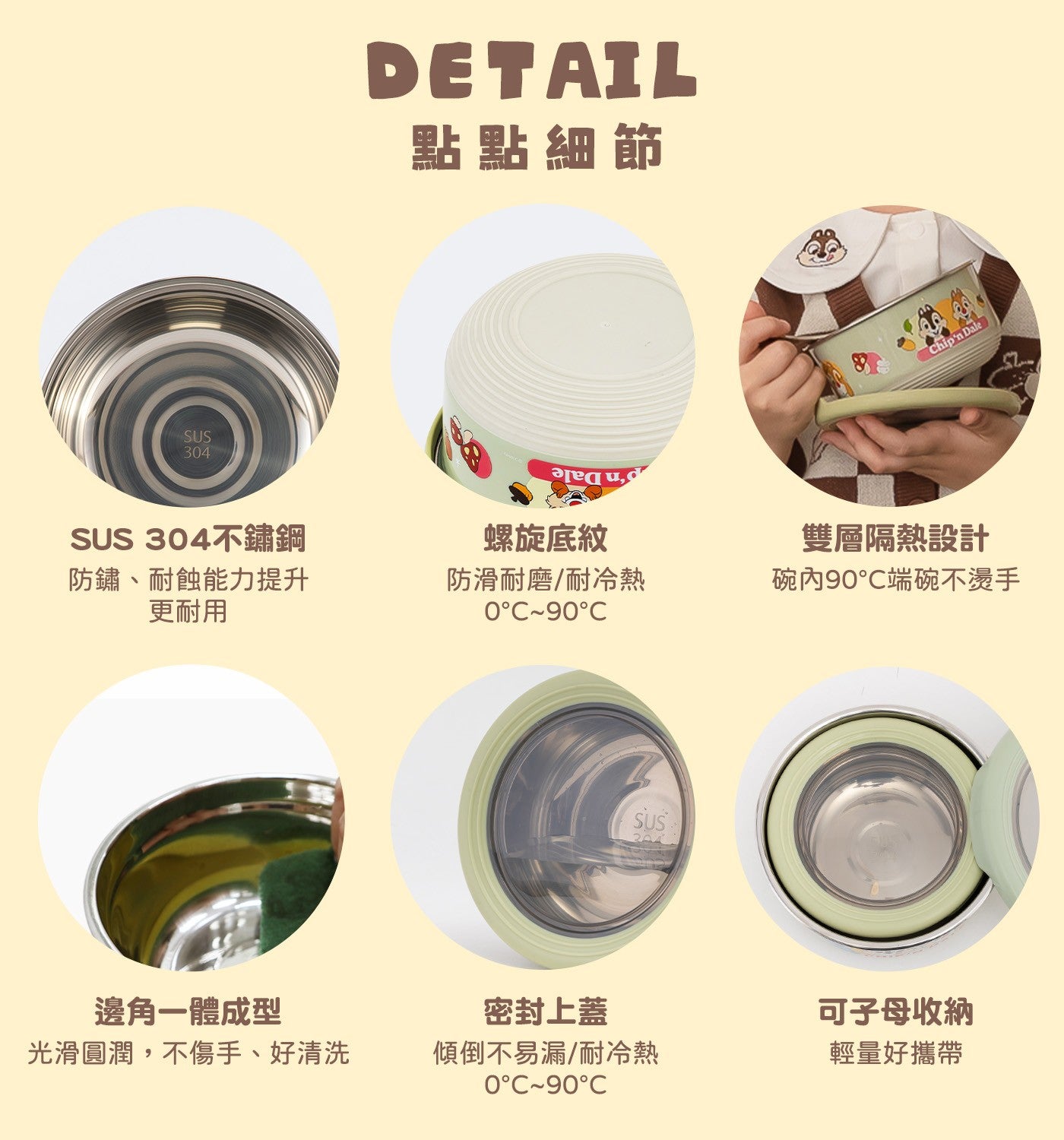 點點細節 SU不鏽鋼防鏽、耐蝕能力提升更耐用螺旋底紋防滑耐磨/耐冷熱 0°C~90°C 雙層隔熱設計碗內90°C端碗不燙手邊角一體成型密封上蓋可子母收納光滑圓潤,不傷手...