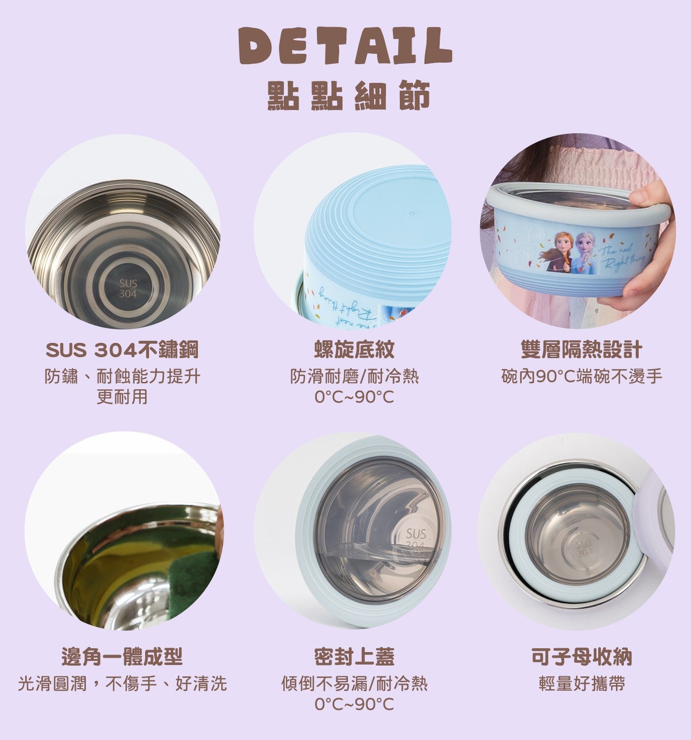 點點細節 SU不鏽鋼防鏽、耐蝕能力提升更耐用螺旋底紋防滑耐磨/耐冷熱 0°C~90°C 雙層隔熱設計碗內90°C端碗不燙手邊角一體成型密封上蓋可子母收納光滑圓潤,不傷手...