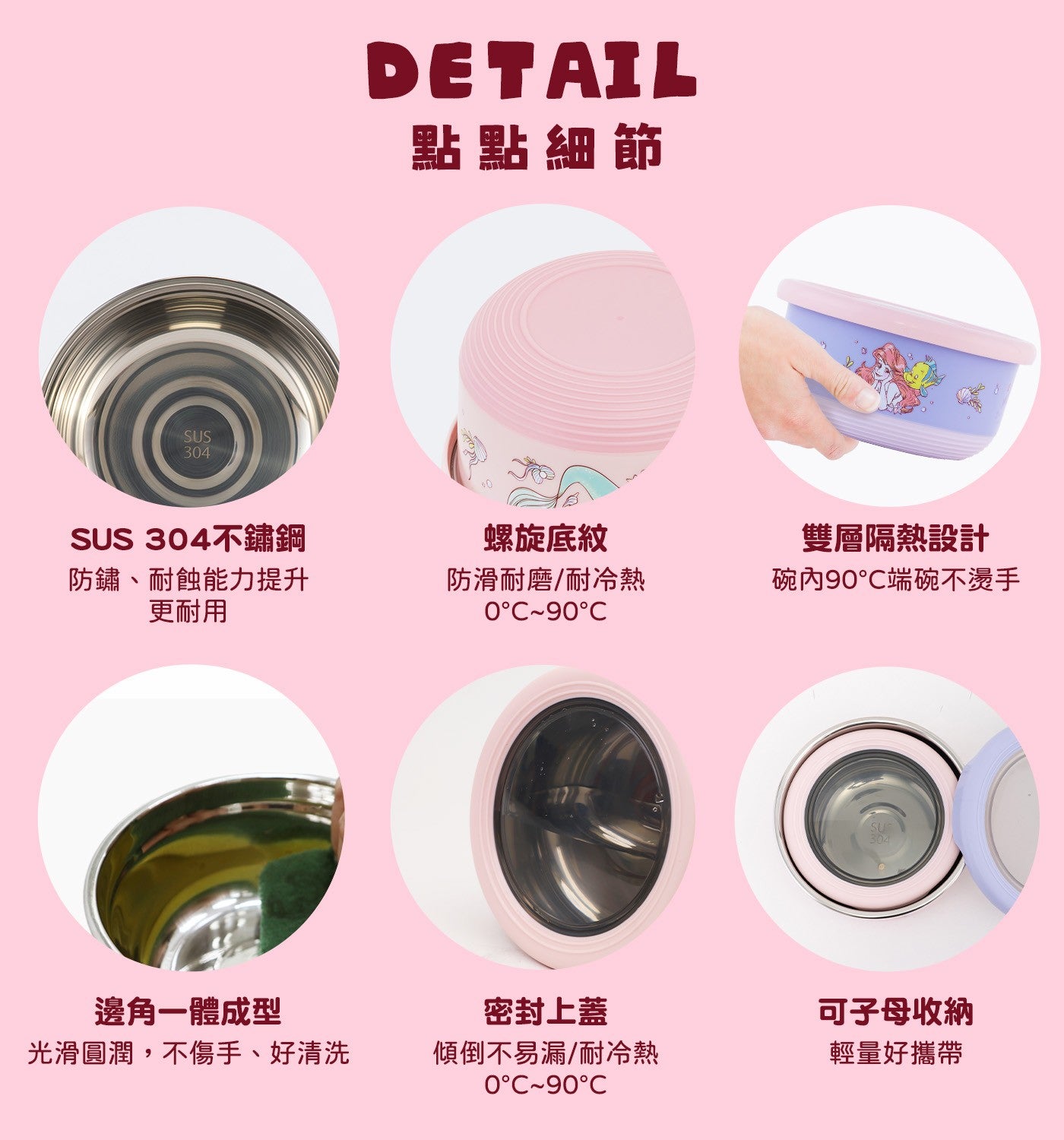 點點細節 SU不鏽鋼防鏽、耐蝕能力提升更耐用螺旋底紋防滑耐磨/耐冷熱 0°C~90°C 雙層隔熱設計碗內90°C端碗不燙手邊角一體成型光滑圓潤,不傷手...