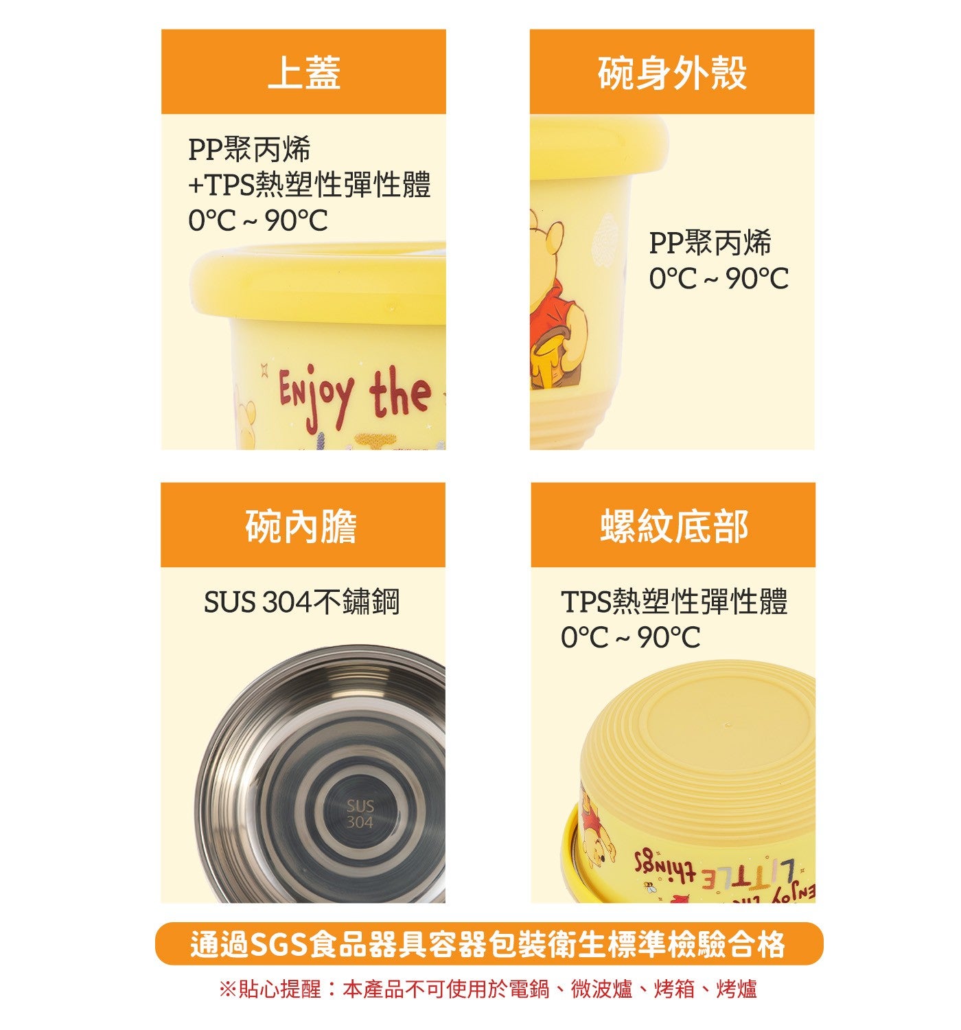 上蓋 PP聚丙烯 TPS熱塑性彈性體碗內膽碗身外殼 PP聚丙烯螺紋底部 SU不鏽鋼 TPS熱塑性彈性體通過SGS食品器具容器包裝衛生標準檢驗合格 ※貼心提醒:本產品不可使用於電鍋、微波爐、烤箱、烤爐