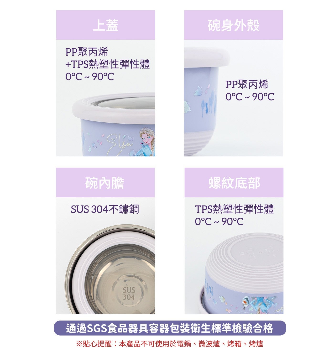 上蓋 PP聚丙烯 TPS熱塑性彈性體碗身外殼 PP聚丙烯碗內膽螺紋底部 SU不鏽鋼 TPS熱塑性彈性體 0°C~90°C 通過SGS食品器具容器包裝衛生標準檢驗合格 ※貼心提醒:本產品不可使用於電鍋...