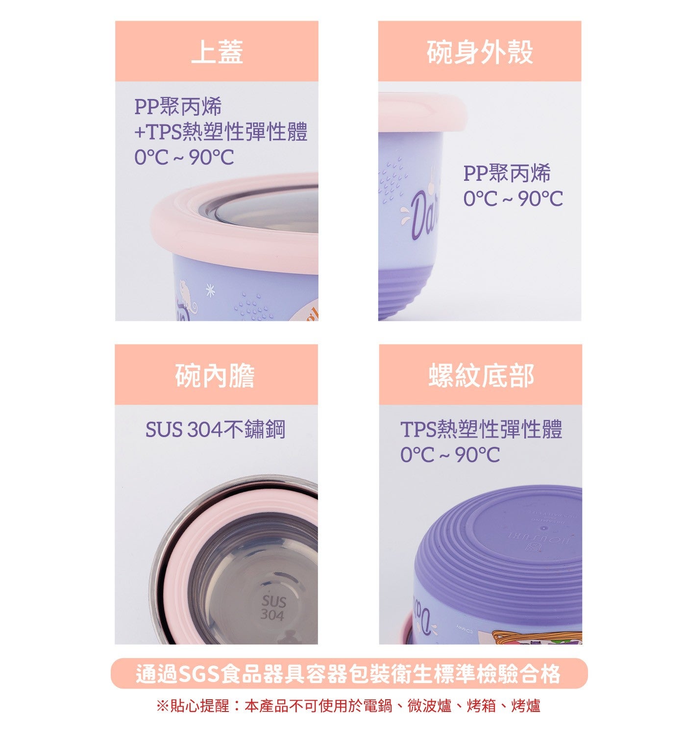 上蓋 PP聚丙烯 TPS熱塑性彈性體碗身外殼 PP聚丙烯碗內膽 SU不鏽鋼螺紋底部 TPS熱塑性彈性體通過SGS食品器具容器包裝衛生標準檢驗合格 ※貼心提醒:本產品不可使用於電鍋、微波爐、烤箱、烤爐