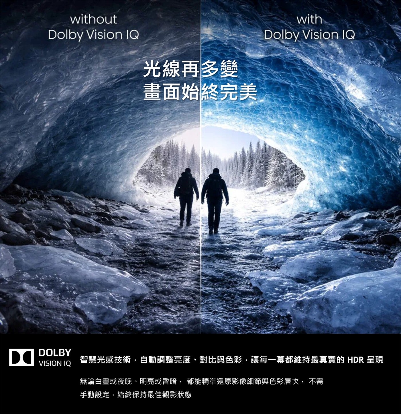 光線再多變畫面始終完美智慧光感技術,自動調整亮度對比與色彩,讓每 1 幕都維持最真實的 HDR 呈現無論白晝或夜晚明亮或昏暗, 都能精準還原影像細節與色彩層次, 不需手動設定,始終保持最佳觀影狀態