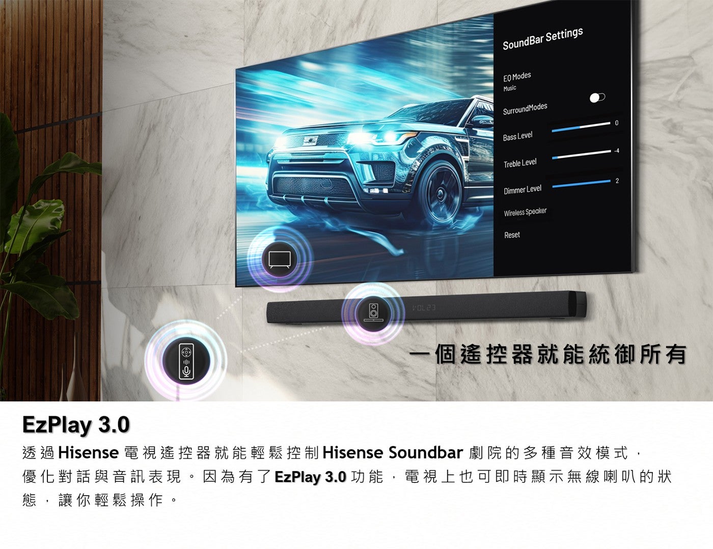 1 個遙控器就能統御所有透過 Hisense 電視遙控器就能輕鬆控制 Hisense Soundbar 劇院的多種音效模式, 優化對話與音訊表現因為有了 EzPlay 3.0 功能,電視上也可即時顯示無線喇叭的狀態,讓你輕鬆操作