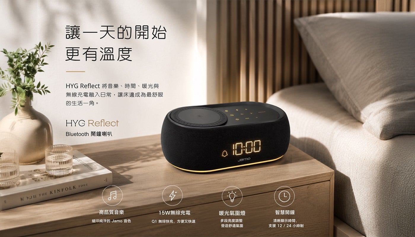讓一天的開始更有溫度 HYG Reflect 將音樂、時間、暖光與無線充電融入日常,讓床邊成為最舒服的生活一角 Bluetooth 鬧鐘喇叭高品質音樂 15W無線充電暖光氣圍燈細埣純淨的 Jamo 音色 Q1 無線快充...
