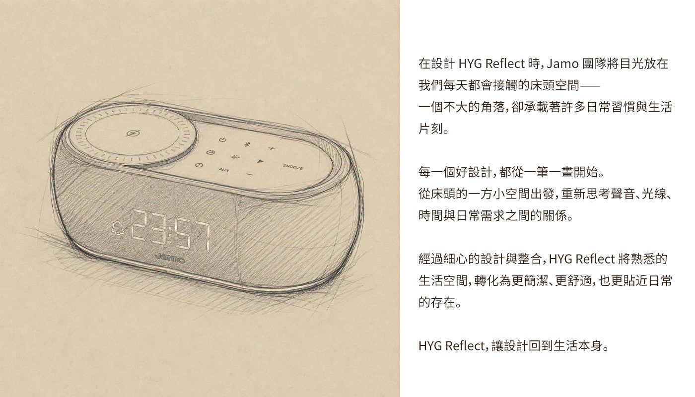 在設計 HYG Reflect 時, Jamo 團隊將目光放在我們每天都會接觸的床頭空間一個不大的角落,卻承載著許多日常習慣與生活片刻每一個好設計,都從一筆一畫開始從床頭的一方小空間出發,重新思考聲音、光線...