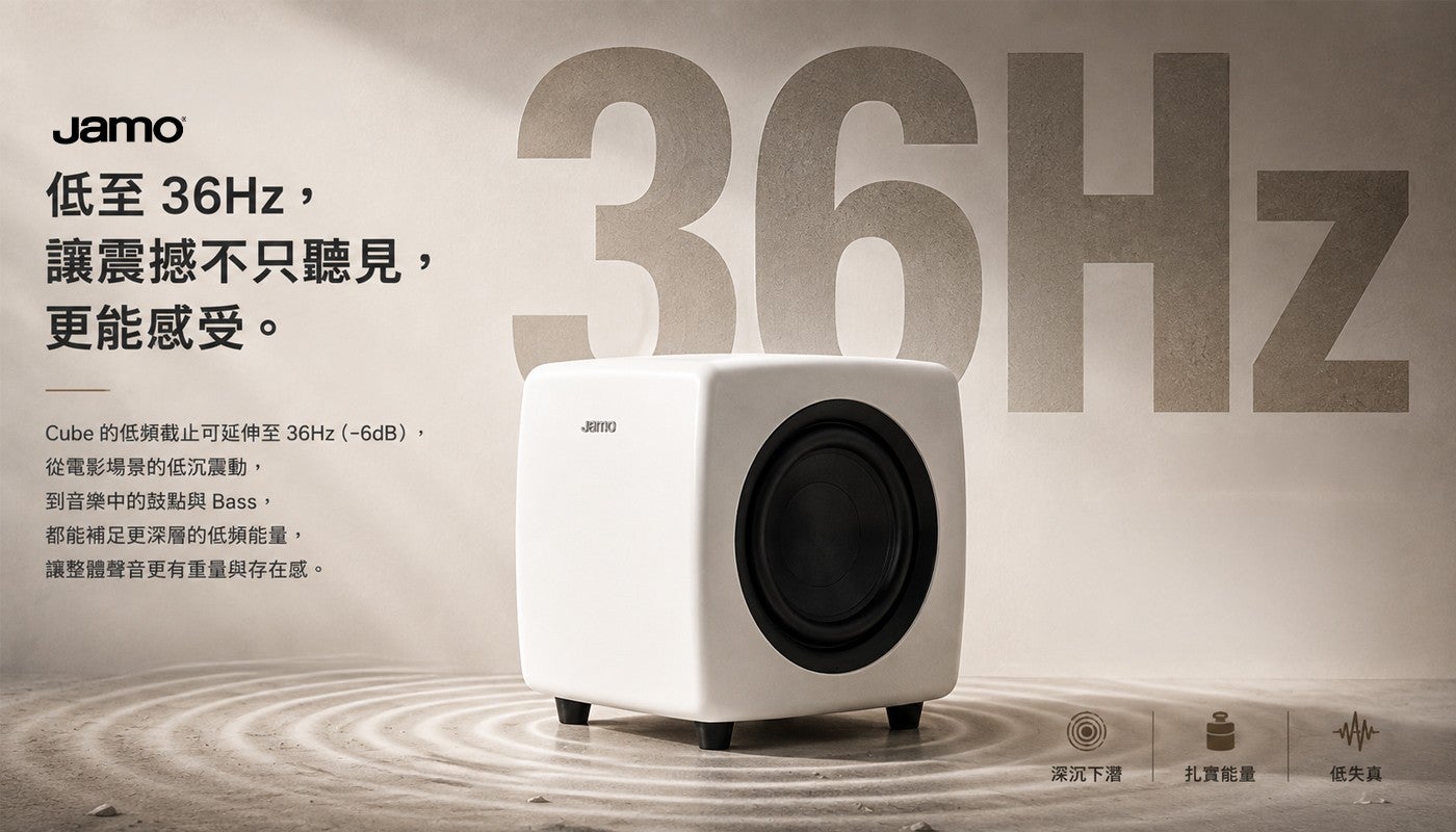 低至 36Hz, 讓震撼不只聽見, 更能感受 Cube 的低頻截止可延伸至36Hz -6dB, 從電影場景的低沉震動, 到音樂中的鼓點與 Bass, 都能補足更深層的低頻能量, 讓整體聲音更有重量與存在感深沉下潜扎實能量低失真