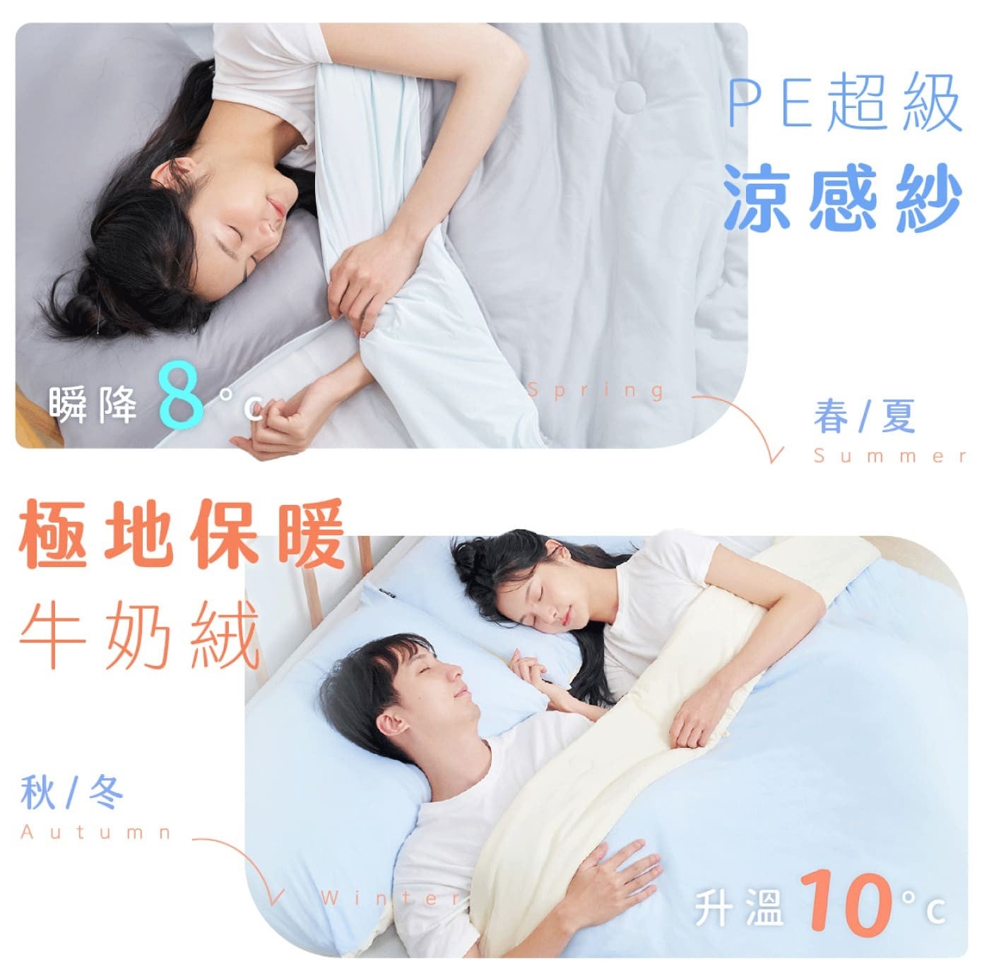 瞬降 8 極地保暖牛奶絨秋/冬 PE超級涼感紗春/夏升溫 10°c