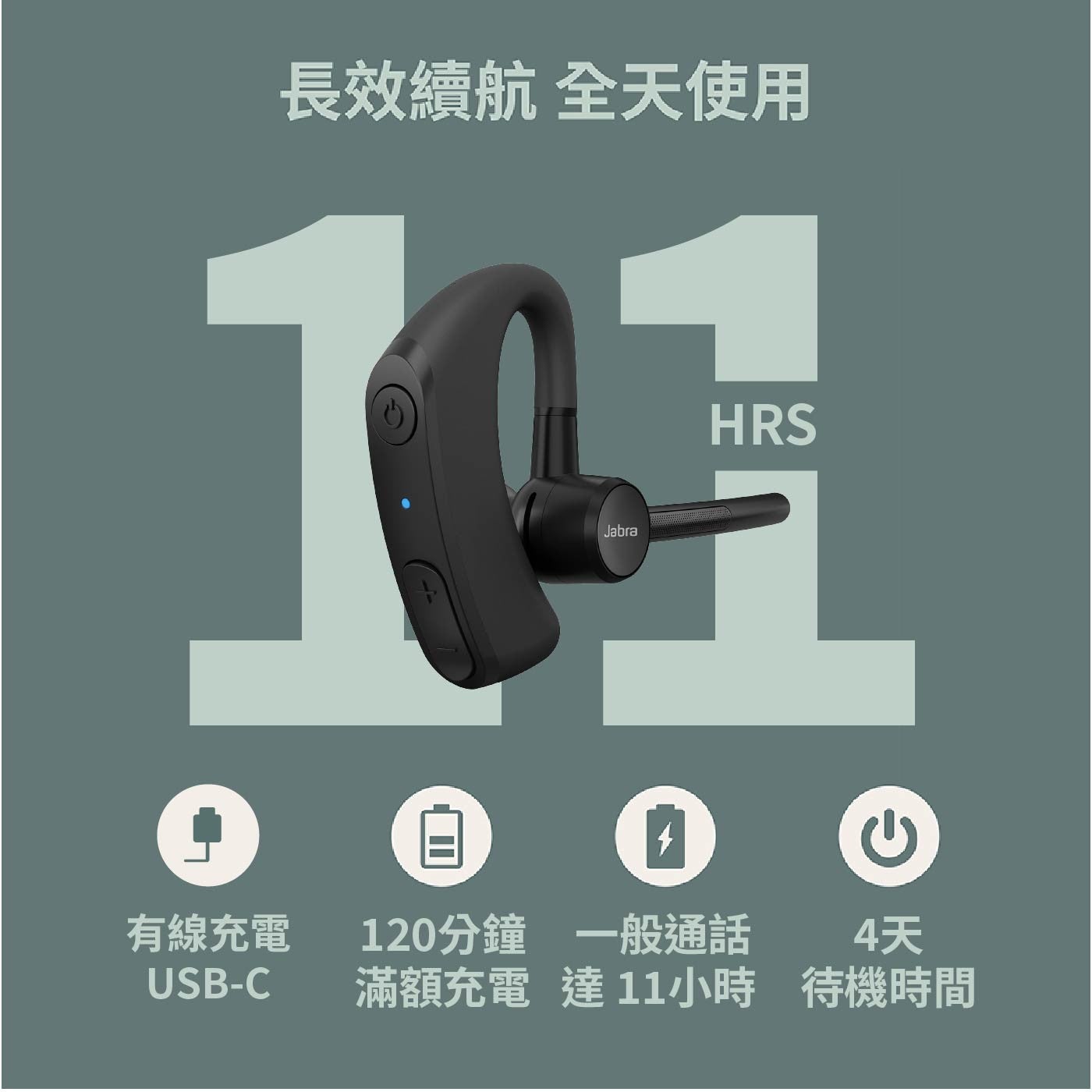 長續航全天使用有線充電 USB-C 120分鐘一般通話 4天滿額充電達11小時待機時間 Jabra