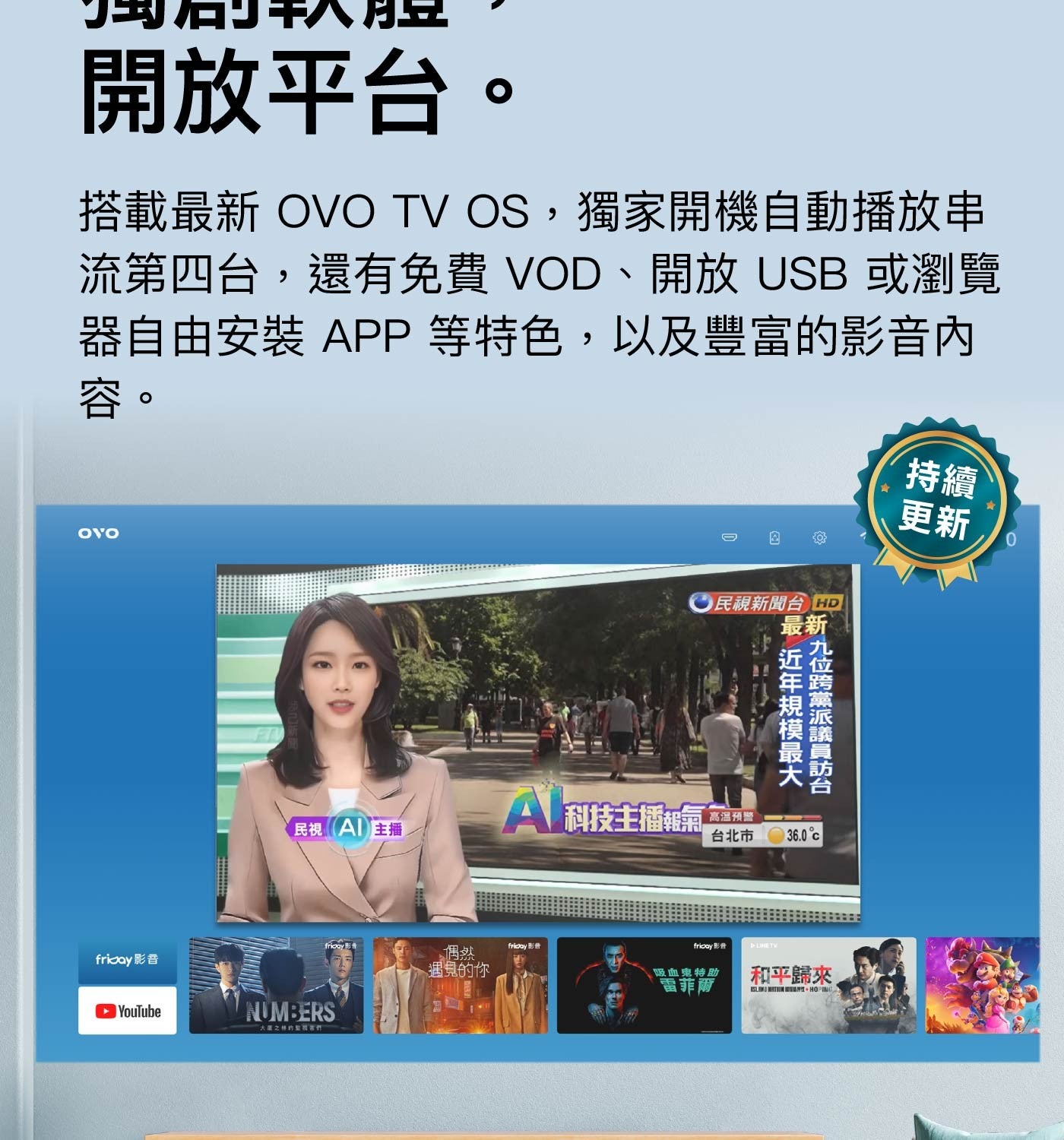 開放平台搭載最新 OVO TV OS,獨家開機自動播放串流第四台,還有免費 VOD、開放 USB 或瀏覽器自由安裝 APP 等特色...