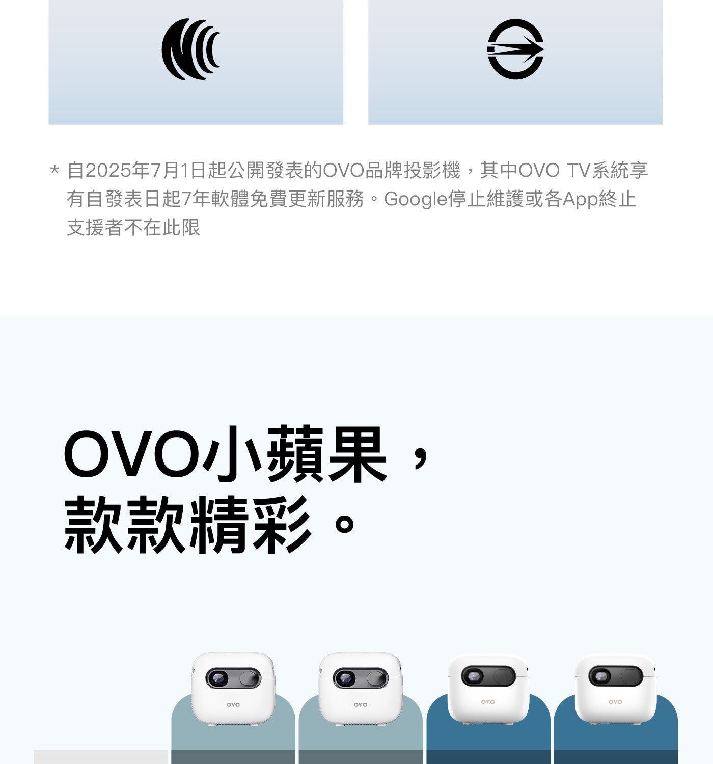 自2025年7月1日起公開發表的OVO品牌投影機,其中OVO TV系統享有自發表日起7年軟體免費更新服務 Google停止維護或各App終止支援者不在此限 OVO小蘋果, 款款精彩 OVO OVO OVO