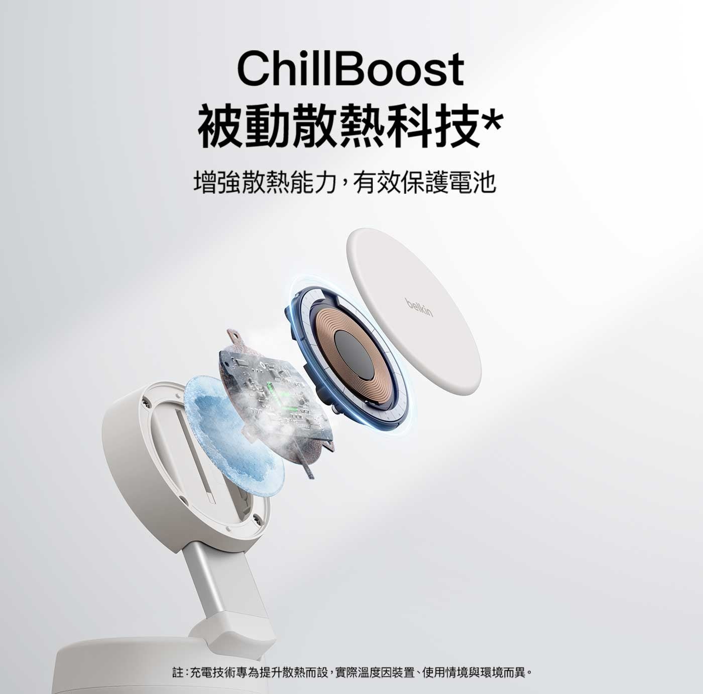 被動散熱科技增強散熱能力,有效保護電池註:充電技術專為提升散熱而設,實際溫度因裝置、使用情境與環境而異 belkin