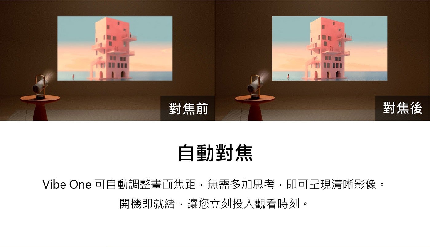 對焦前自動對焦 Vibe One 可自動調整畫面焦距,無需多加思考,即可呈現清晰影像開機即就緒,讓您立刻投入觀看時刻對焦後