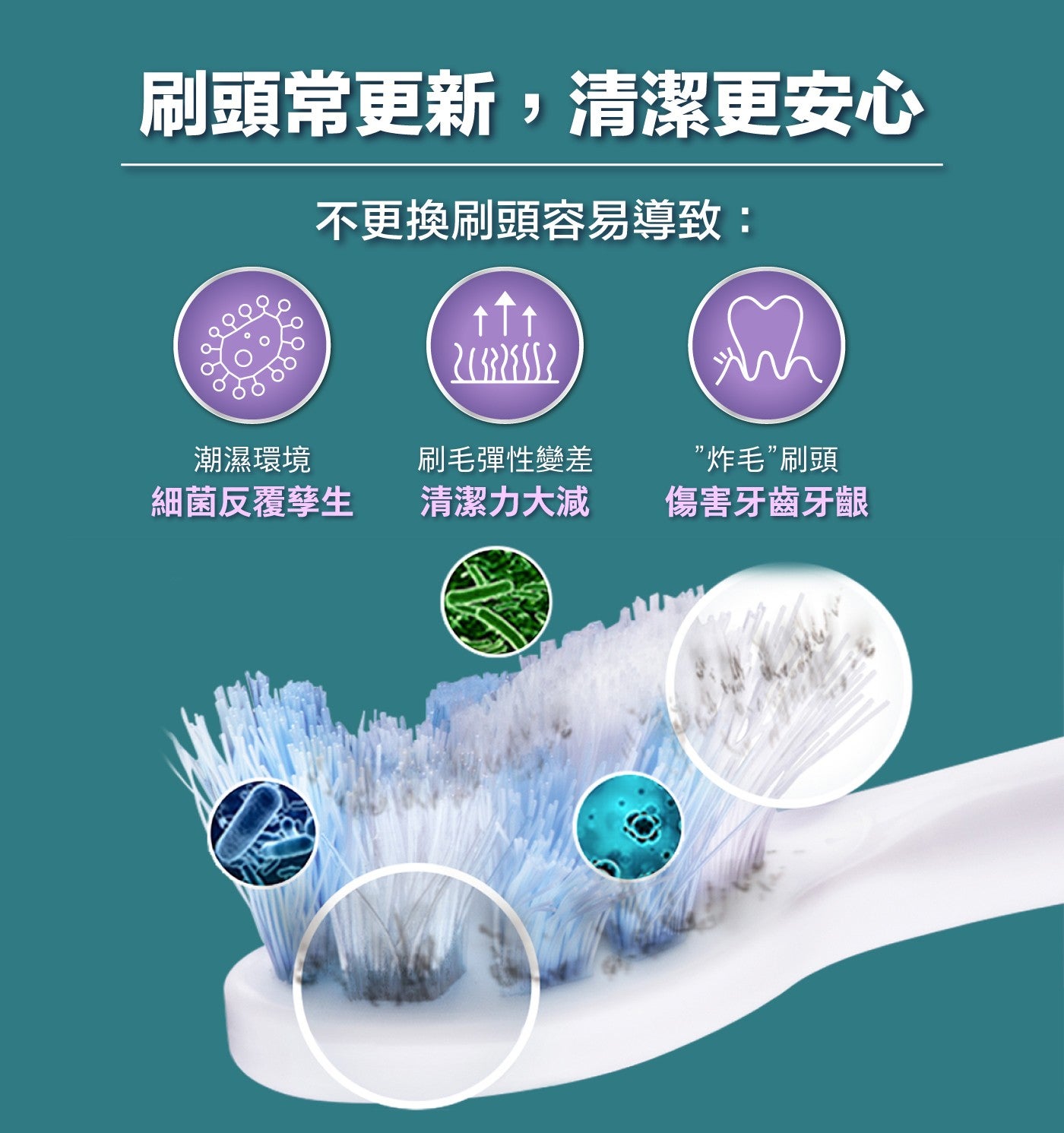 刷頭常更新,清潔更安心不更換刷頭容易導致: 潮濕環境刷毛彈性變差炸毛刷頭細菌反覆孳生清潔力大減傷害牙齒牙齦