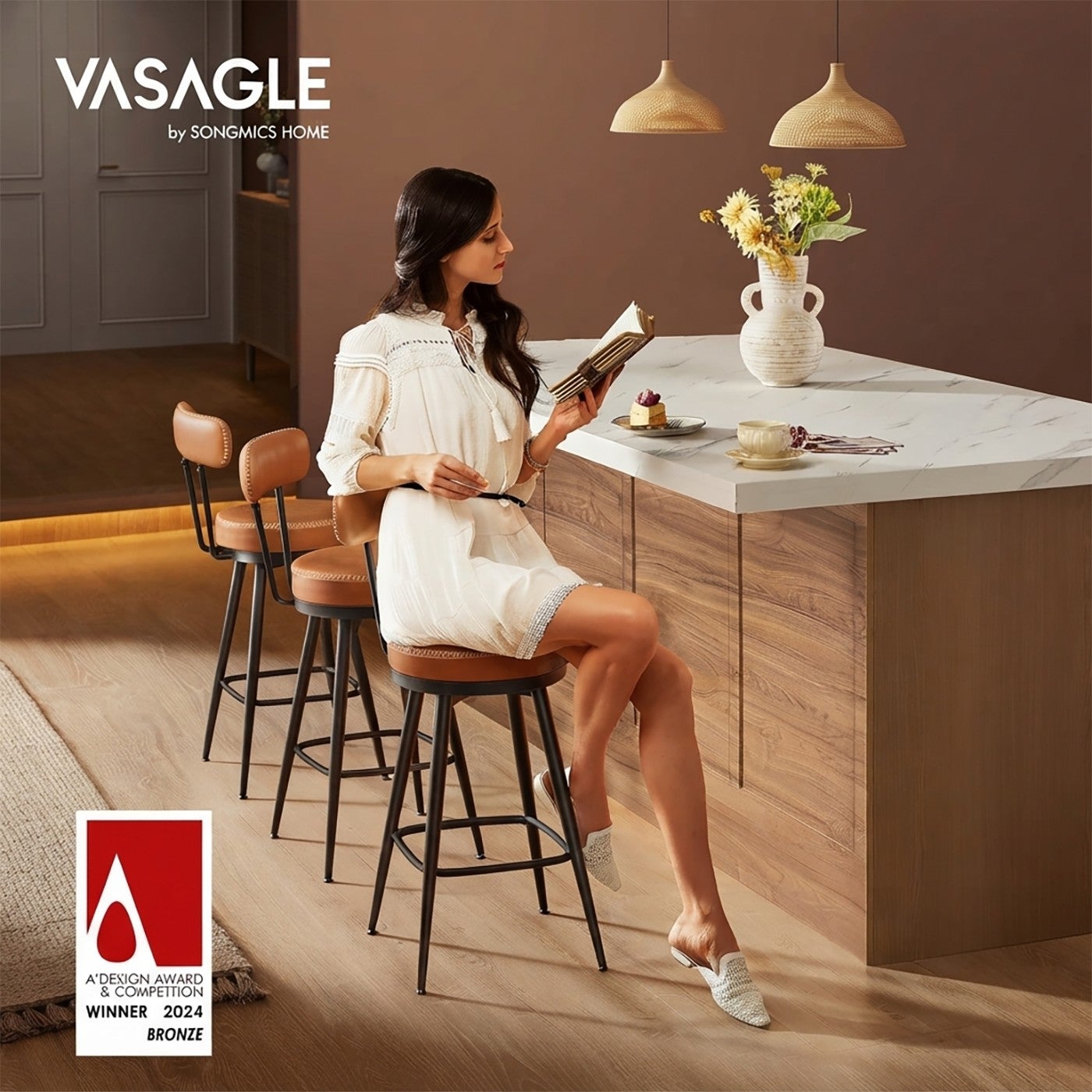 EC VASAGLE BARSTOOL 2PK旋轉吧檯椅2入棕黑