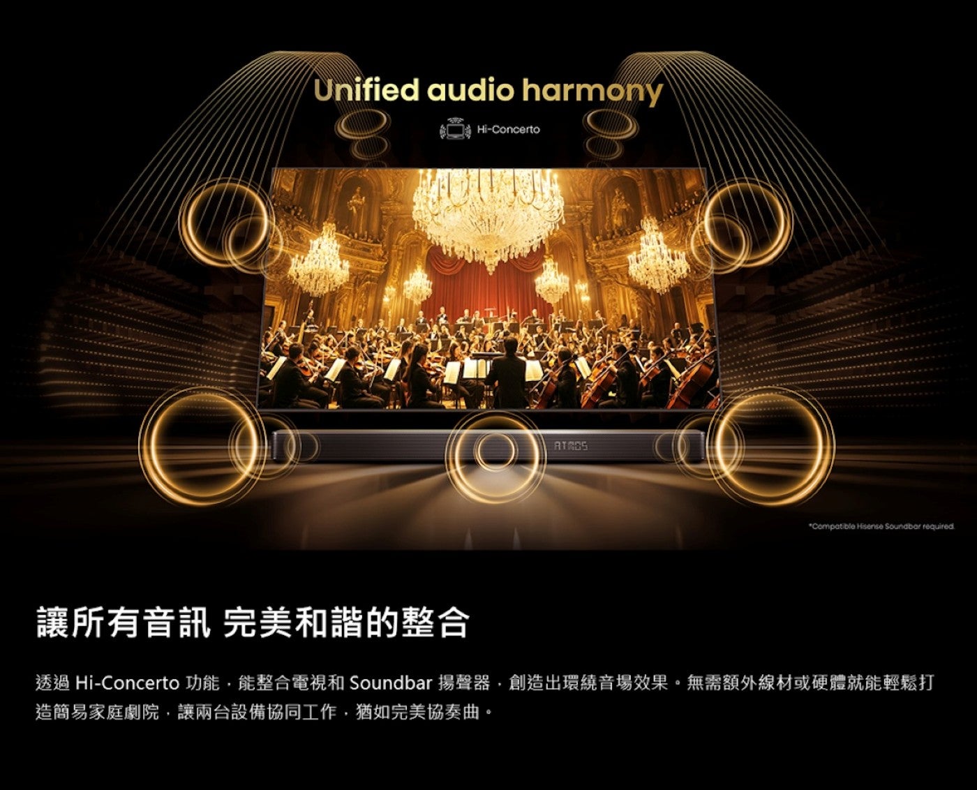 讓所有音訊完美和諧的整合透過 Hi-Concerto 功能,能整合電視和 Soundbar 揚聲器,創造出環繞音場效果無需額外線材或硬體就能輕鬆打造簡易家庭劇院,讓兩台設備協同工作,猶如完美協奏曲