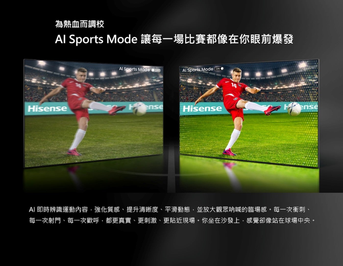 為熱血而調校 Al Sports Mode 讓每一場比賽都像在你眼前爆發 AI 即時辨識運動內容,強化質感、提升清晰度、平滑動態,並放大觀眾吶喊的臨場感每一次衝刺、 每一次射門、每一次歡呼,都更真實、更刺激、更貼近現場你坐在沙發上...