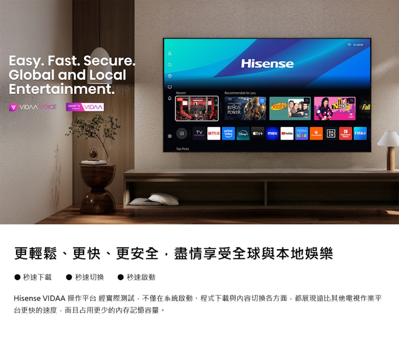 更輕鬆、更快、更安全,盡情享受全球與本地娛樂秒速下載秒速切換秒速啟動 Hisense VIDAA操作平台經實際測試,不僅在系統啟動、程式下載與內容切換各方面,都展現遠比其他電視作業平台更快的速度,而且占用更少的內存記憶容量