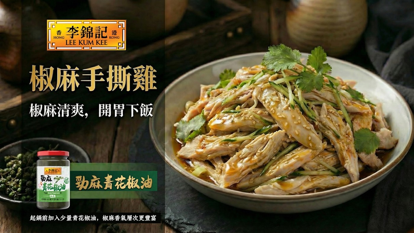 香 HONG 李錦記 港 LEE KUM KEE KONG 椒麻手撕雞 椒麻清爽,開胃下飯 麻 青花椒油 勁麻青花椒油 A0 起鍋前加入少量青花椒油,椒麻香氣層次更豐富