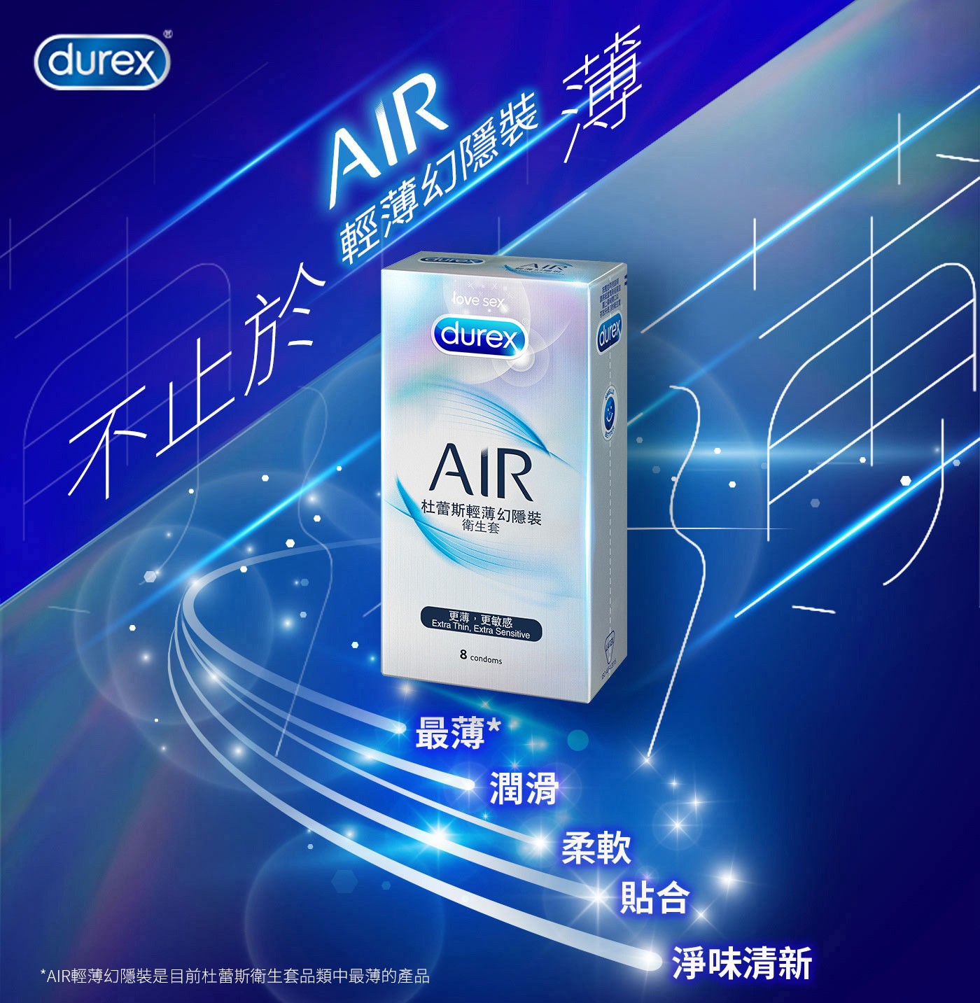 杜蕾斯AIR輕薄幻隱潤滑裝衛生套薄+滑+柔+貼+淨追求零距離的親密觸感。