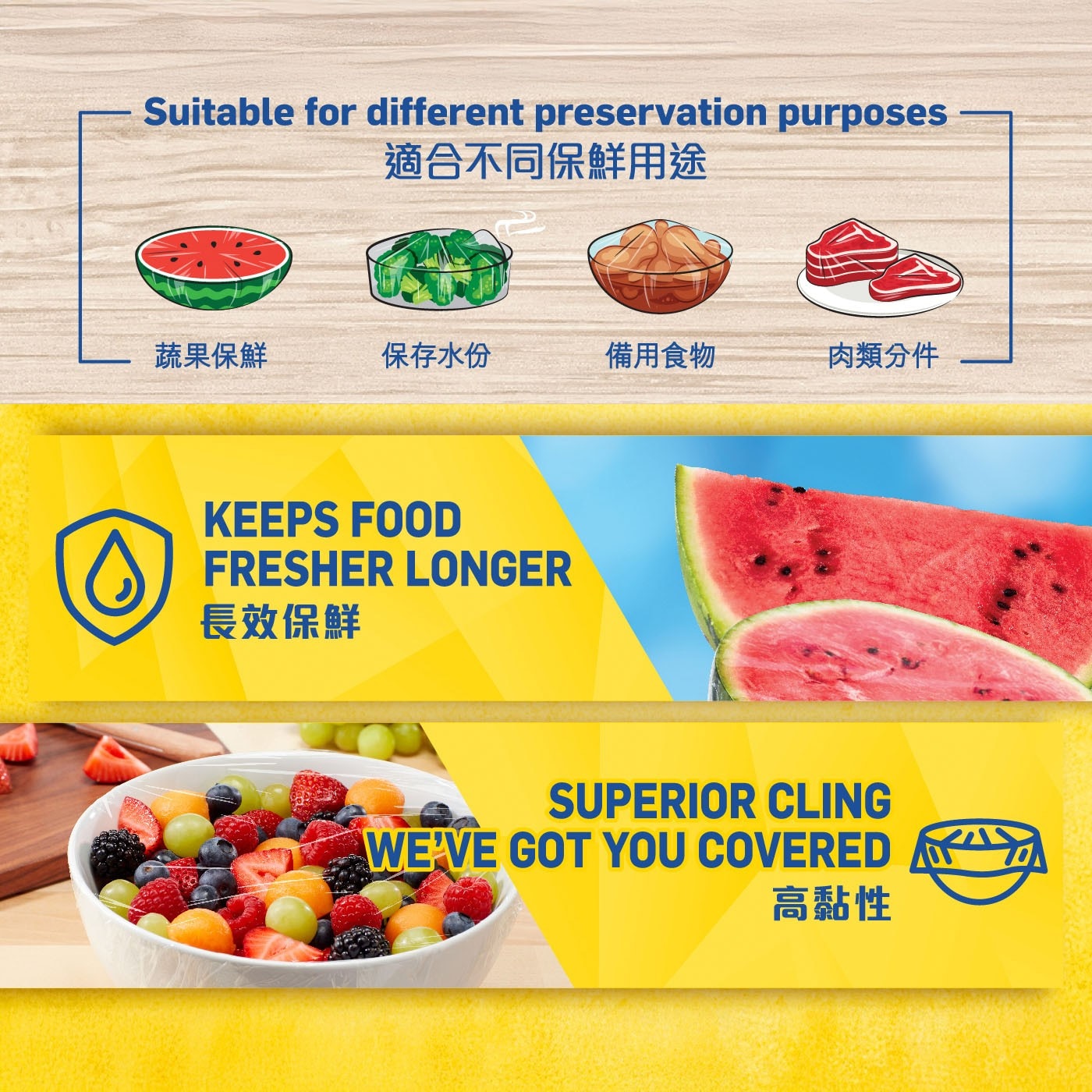 ...蔬果保鮮 保存水份 備用食物 肉類分件 KEEPS FOOD FRESHER LONGER 長效保鮮 SUPERIOR CLING WEVE GOT YOU COVERED 高黏性