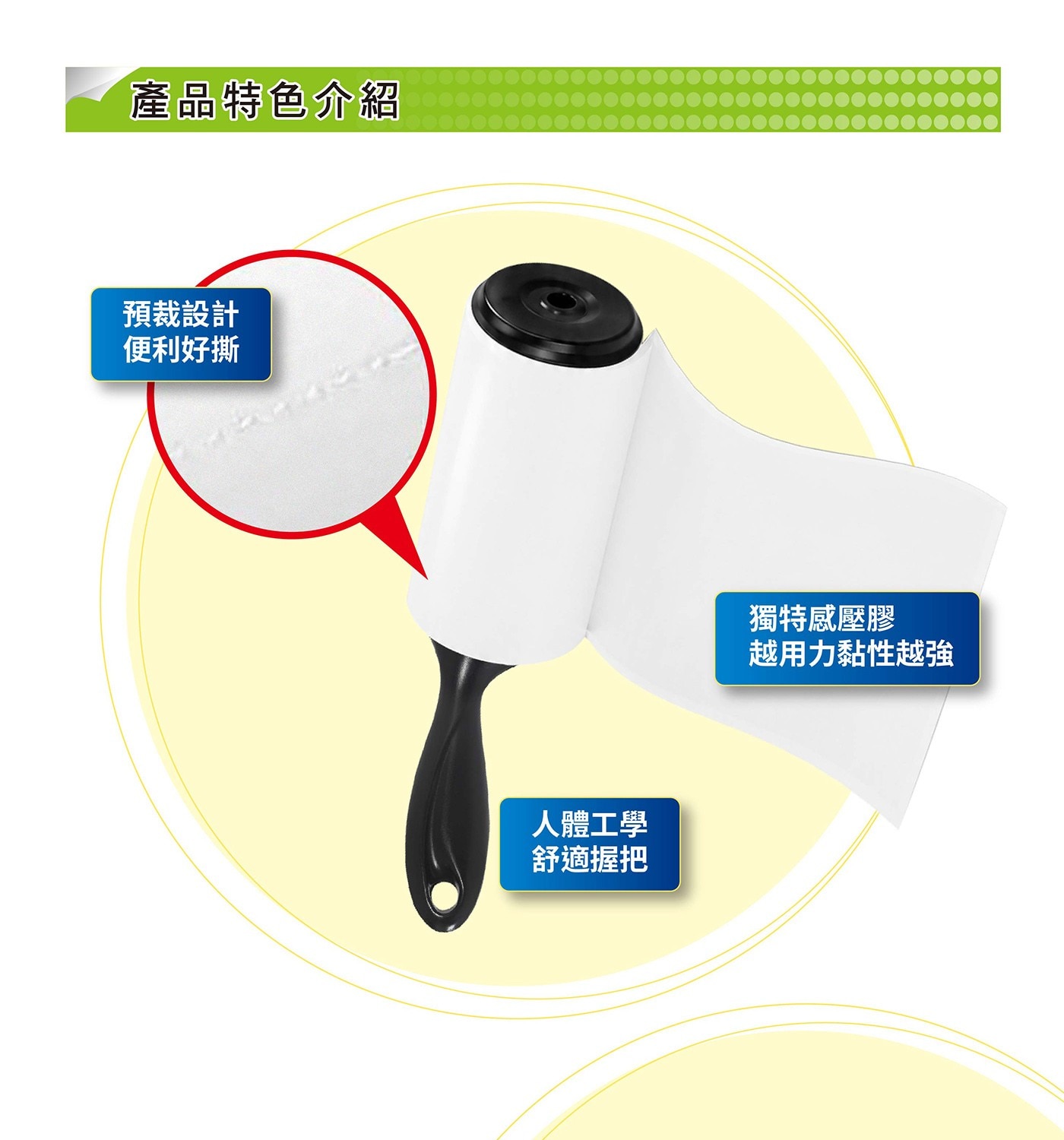 產品特色介紹 預裁設計 便利好撕 人體工學 舒適握把 獨特感壓膠 越用力黏性越強