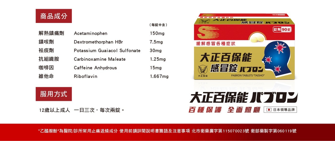商品成分 每錠中含 XIERRE 辦 90 號 解熱鎮痛劑 Acetaminophen 鎮咳劑 Dextromethorphan HBr 緩解感冒各種症狀 袪痰劑 Potassium Guaiacol...